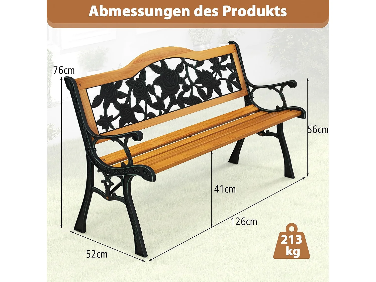Tuinbank, weerbestendig, 2-zits, met armleuningen en rugleuning, balkonbank, houten bank, parkeerbank voor tuin, balkon, terras, 126 x 52 x 76 cm
