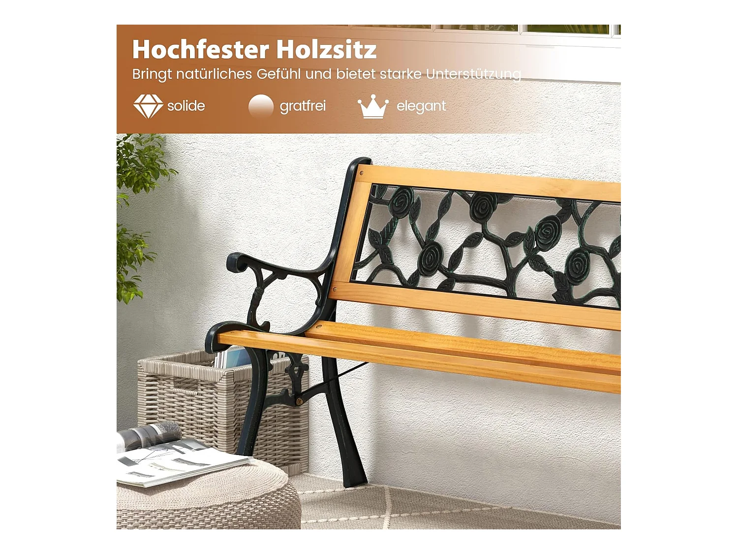 Tuinbank, weerbestendig, 2-zits, met armleuningen en rugleuning, balkonbank, houten bank, parkeerbank voor tuin, balkon, terras, 126 x 52 x 74 cm