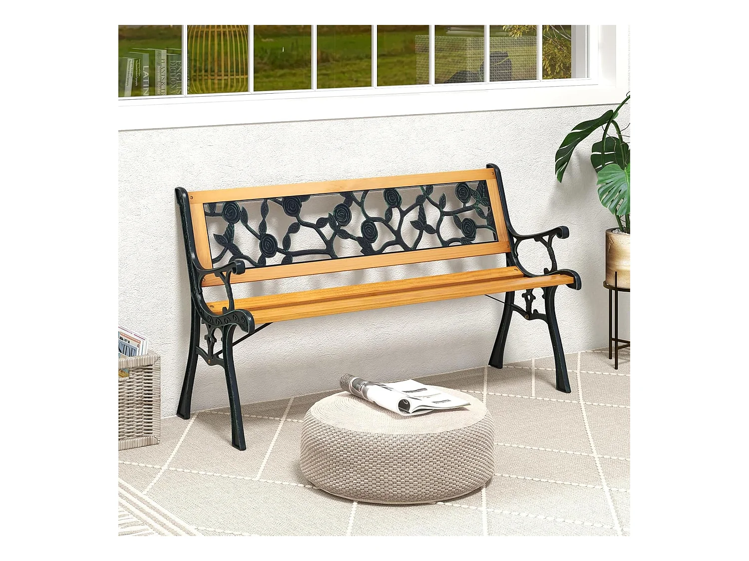 Tuinbank, weerbestendig, 2-zits, met armleuningen en rugleuning, balkonbank, houten bank, parkeerbank voor tuin, balkon, terras, 126 x 52 x 74 cm