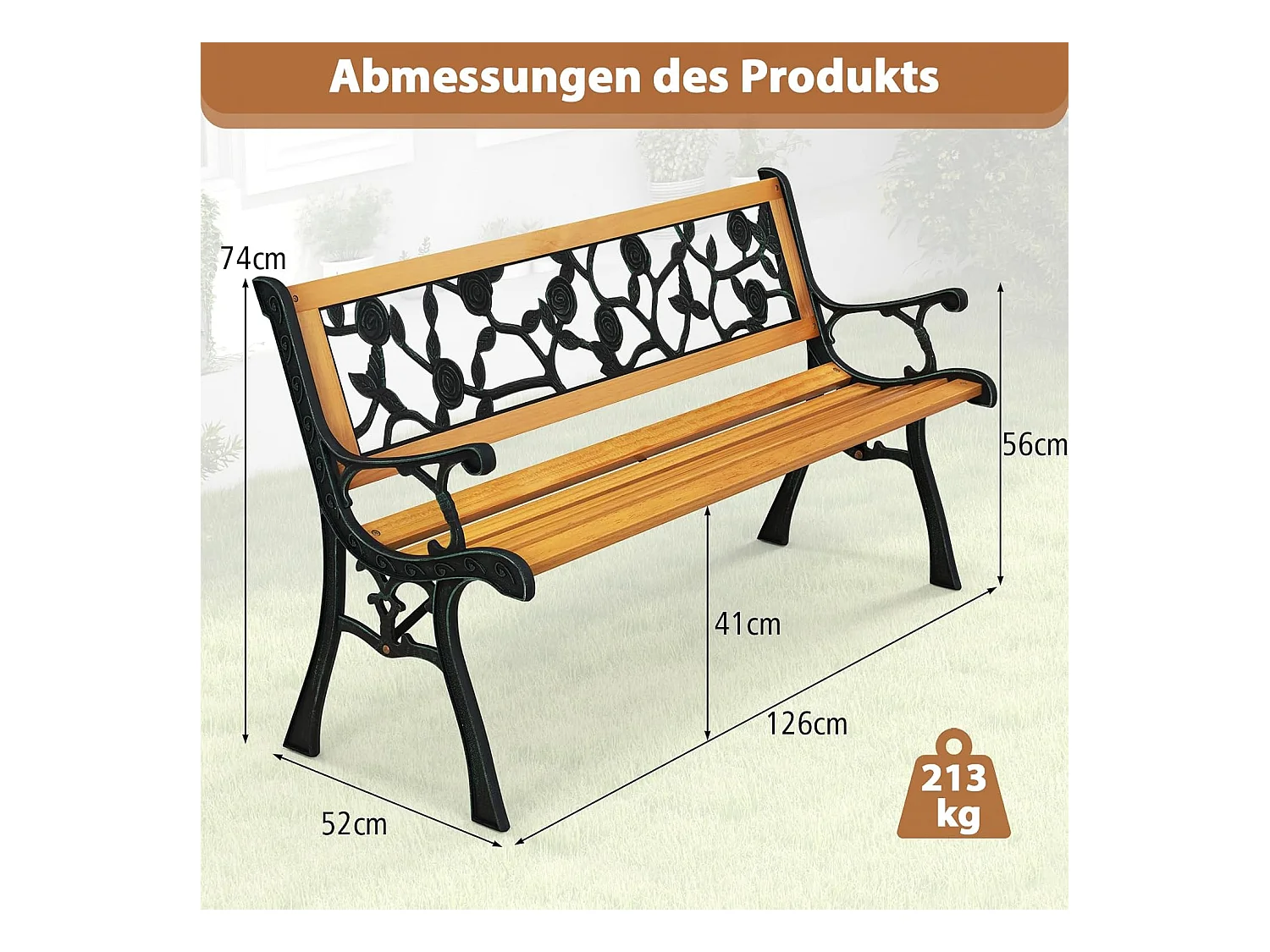 Tuinbank, weerbestendig, 2-zits, met armleuningen en rugleuning, balkonbank, houten bank, parkeerbank voor tuin, balkon, terras, 126 x 52 x 74 cm