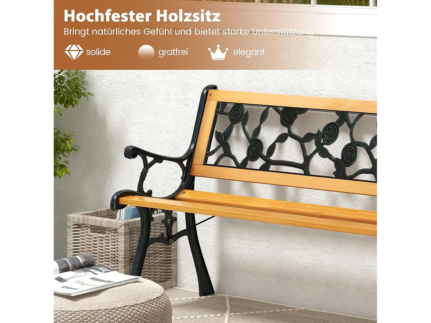 Tuinbank, weerbestendig, 2-zits, met armleuningen en rugleuning, balkonbank, houten bank, parkeerbank voor tuin, balkon, terras, 126 x 52 x 74 cm