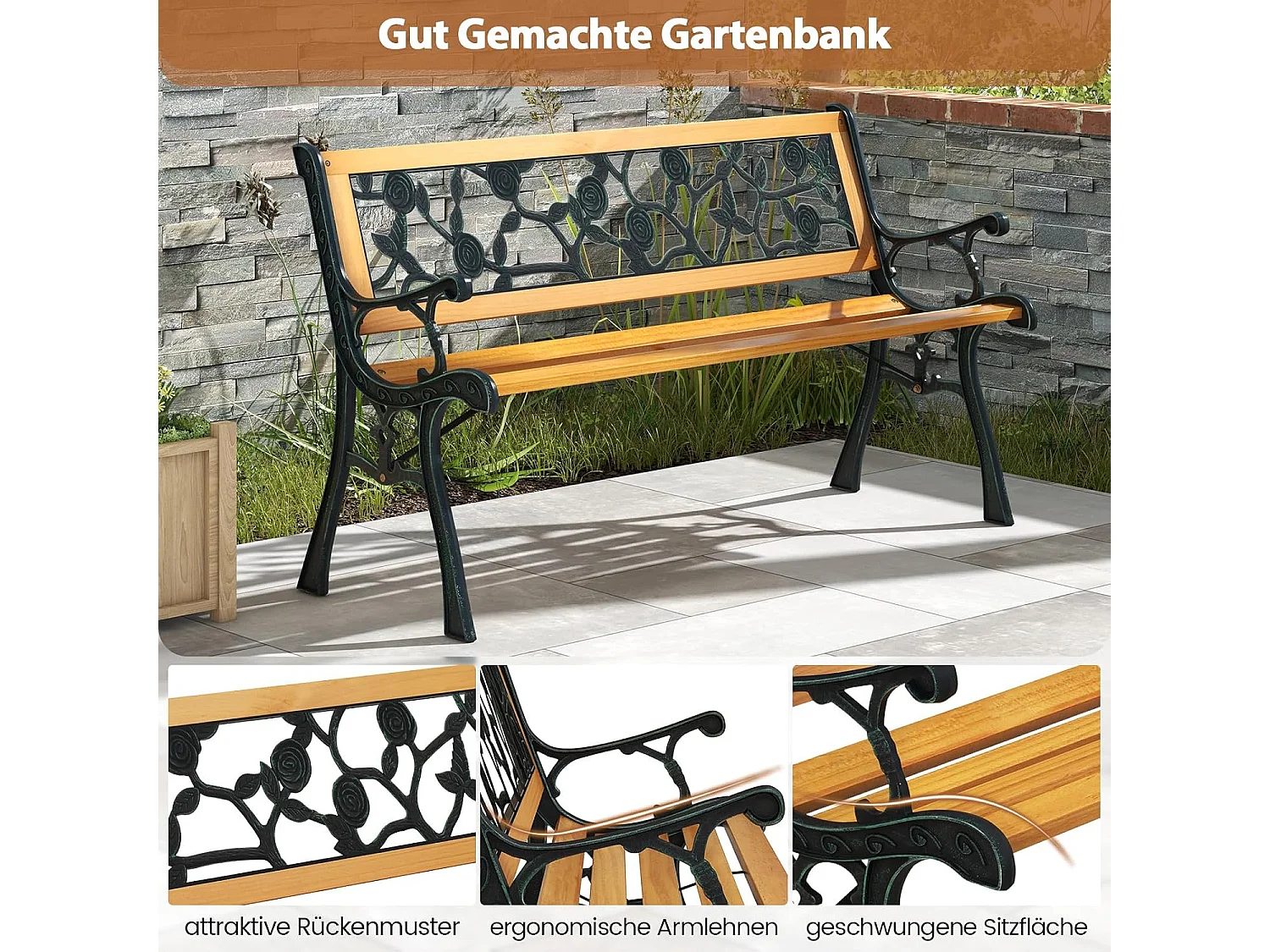 Tuinbank, weerbestendig, 2-zits, met armleuningen en rugleuning, balkonbank, houten bank, parkeerbank voor tuin, balkon, terras, 126 x 52 x 74 cm