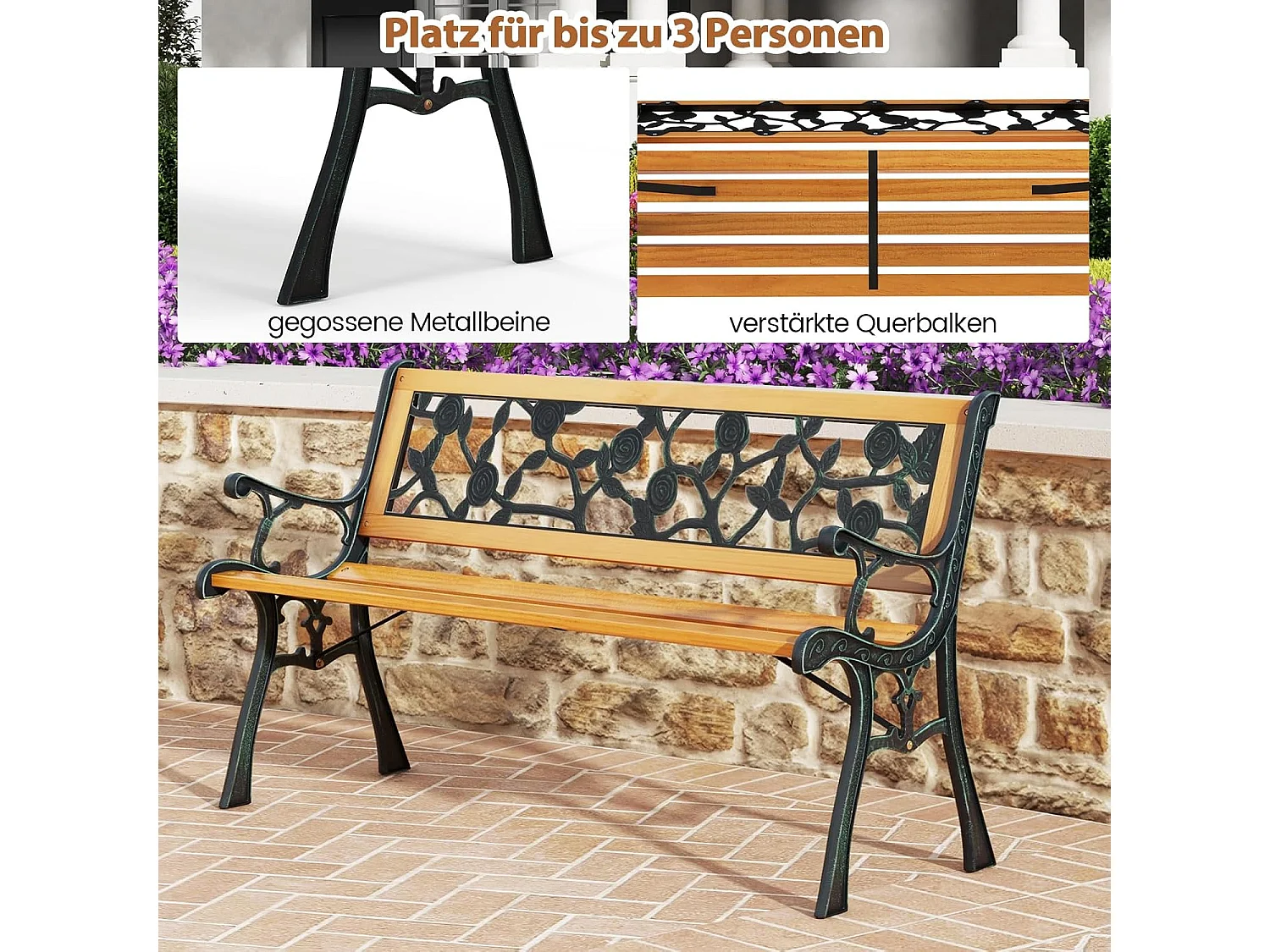 Tuinbank, weerbestendig, 2-zits, met armleuningen en rugleuning, balkonbank, houten bank, parkeerbank voor tuin, balkon, terras, 126 x 52 x 74 cm