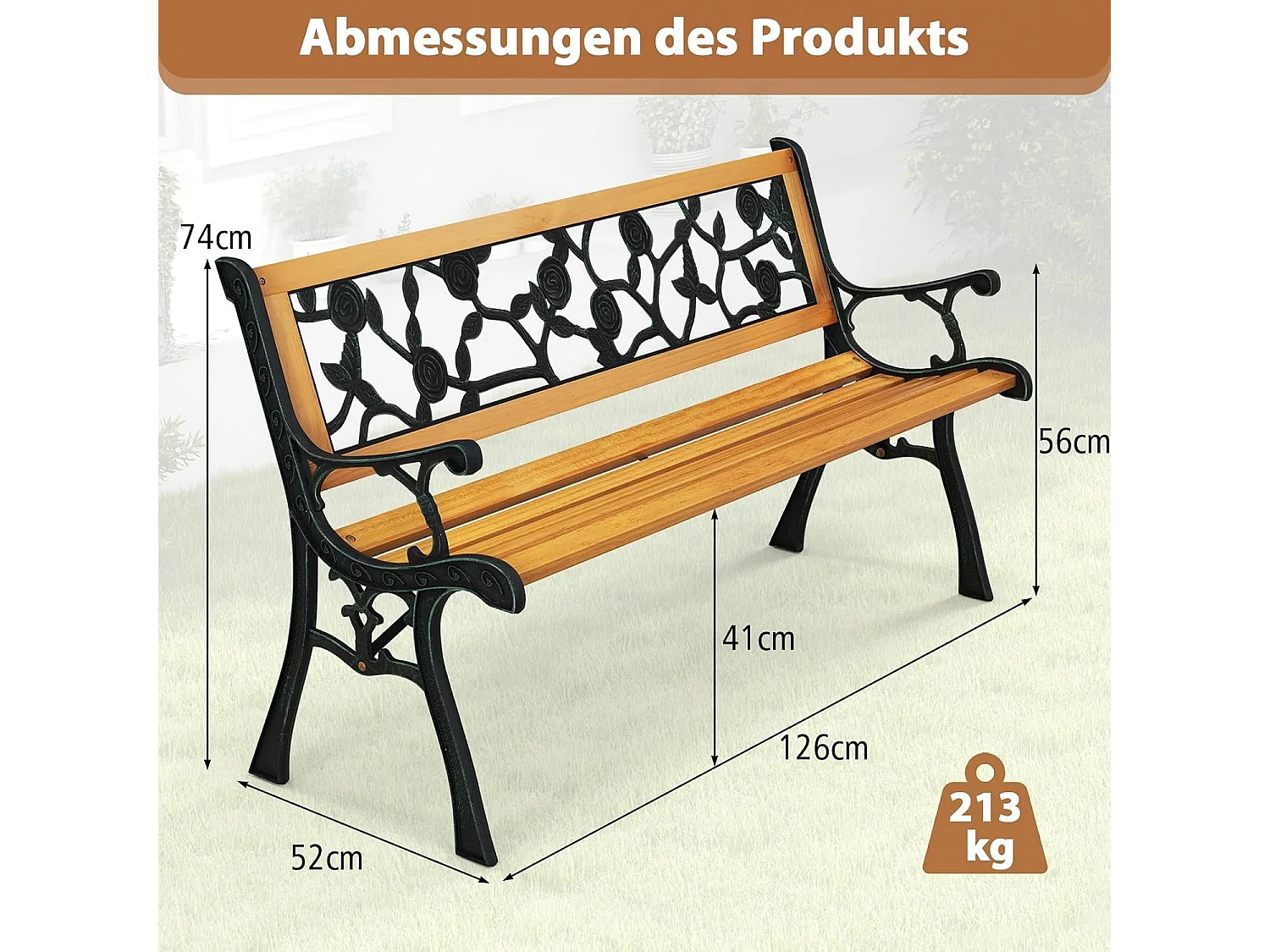 Tuinbank, weerbestendig, 2-zits, met armleuningen en rugleuning, balkonbank, houten bank, parkeerbank voor tuin, balkon, terras, 126 x 52 x 74 cm