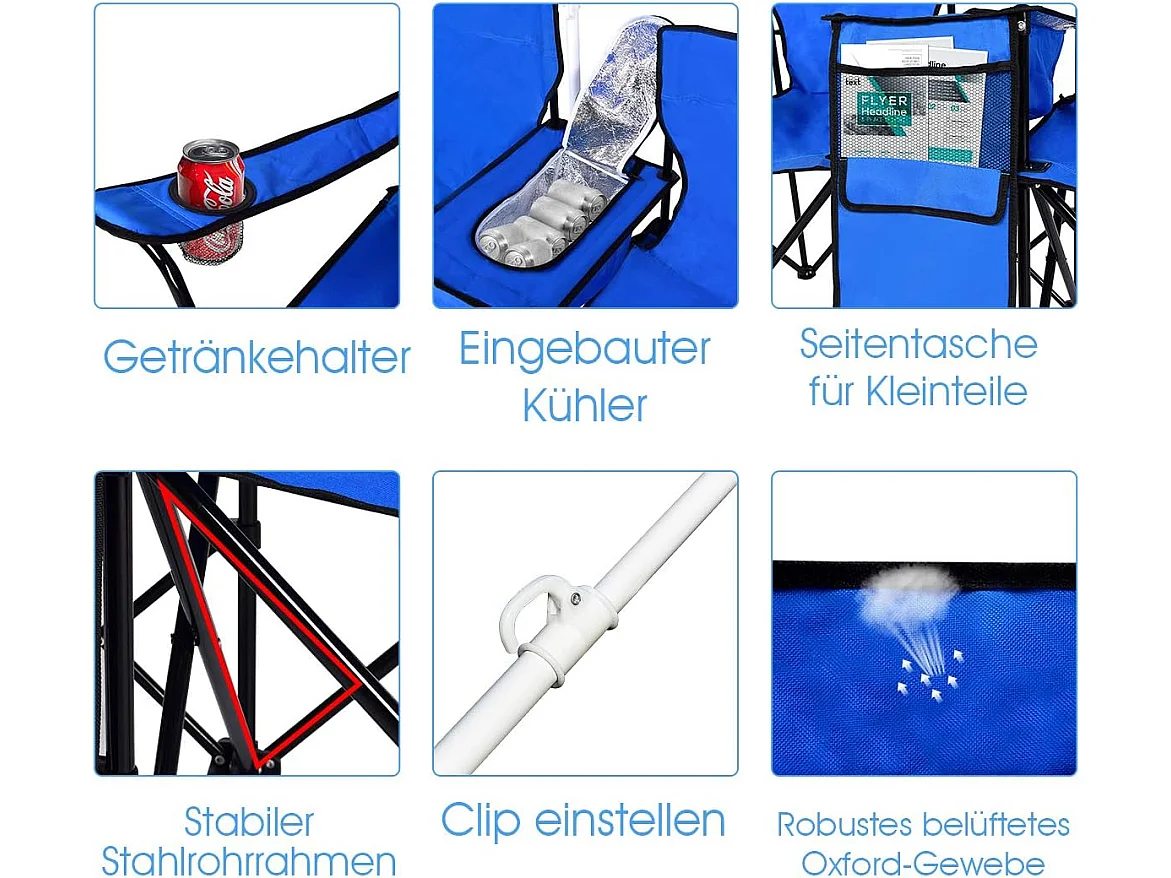 Campingstoel met parasol klapstoel voor koppels dubbele visstoel opvouwbaar met bekerhouder koeltas (zwart) 55 x 85 x 161 cmAB92843