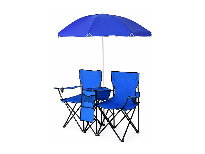 Campingstoel met parasol klapstoel voor koppels dubbele visstoel opvouwbaar met bekerhouder koeltas (zwart) 55 x 85 x 161 cmAB92843