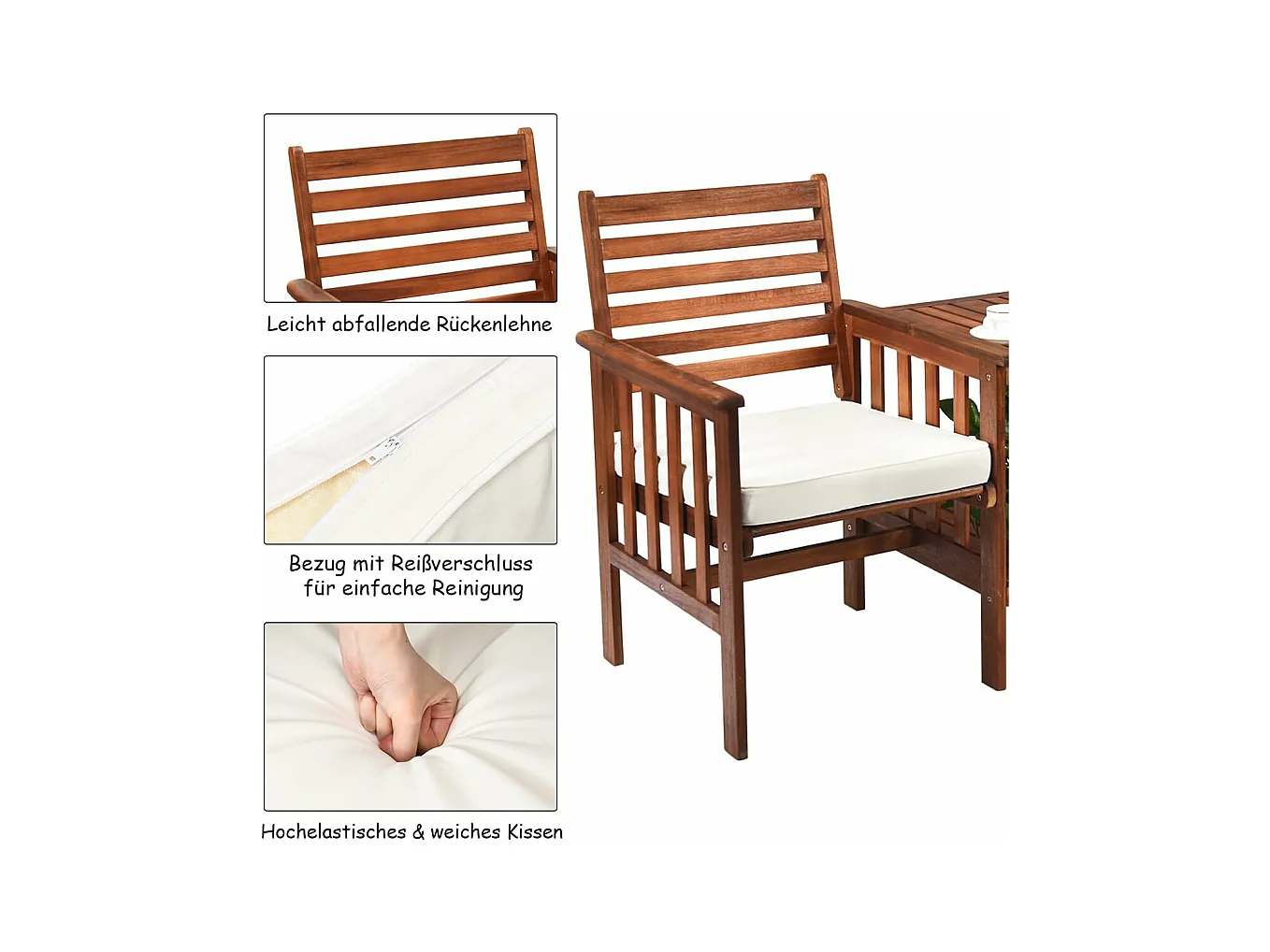 Tuinbank met tafel, 2-zits houten bank met zitkussen en parasolgat, zitbank van acaciahout, tot 350 kg belastbaar, terrasbank voor balkon AB92827