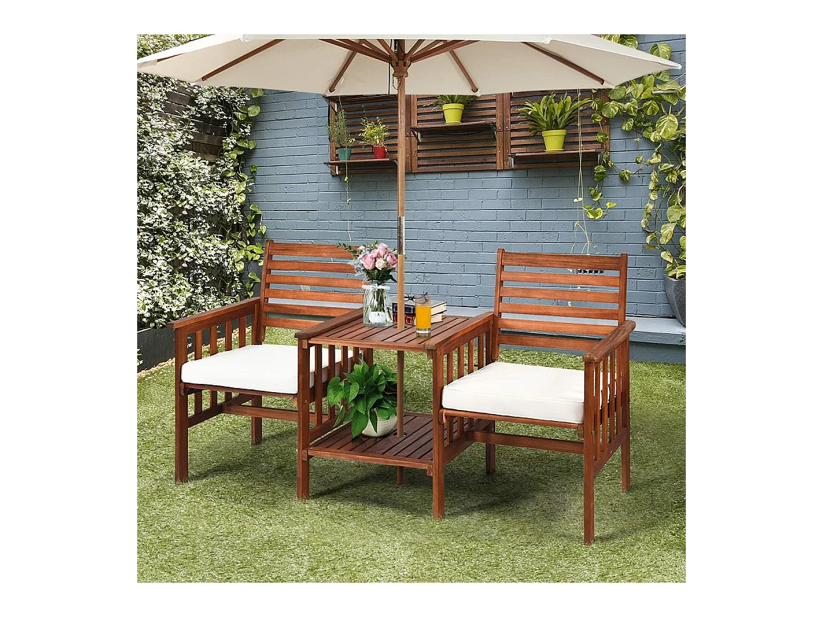 Tuinbank met tafel, 2-zits houten bank met zitkussen en parasolgat, zitbank van acaciahout, tot 350 kg belastbaar, terrasbank voor balkon AB92827