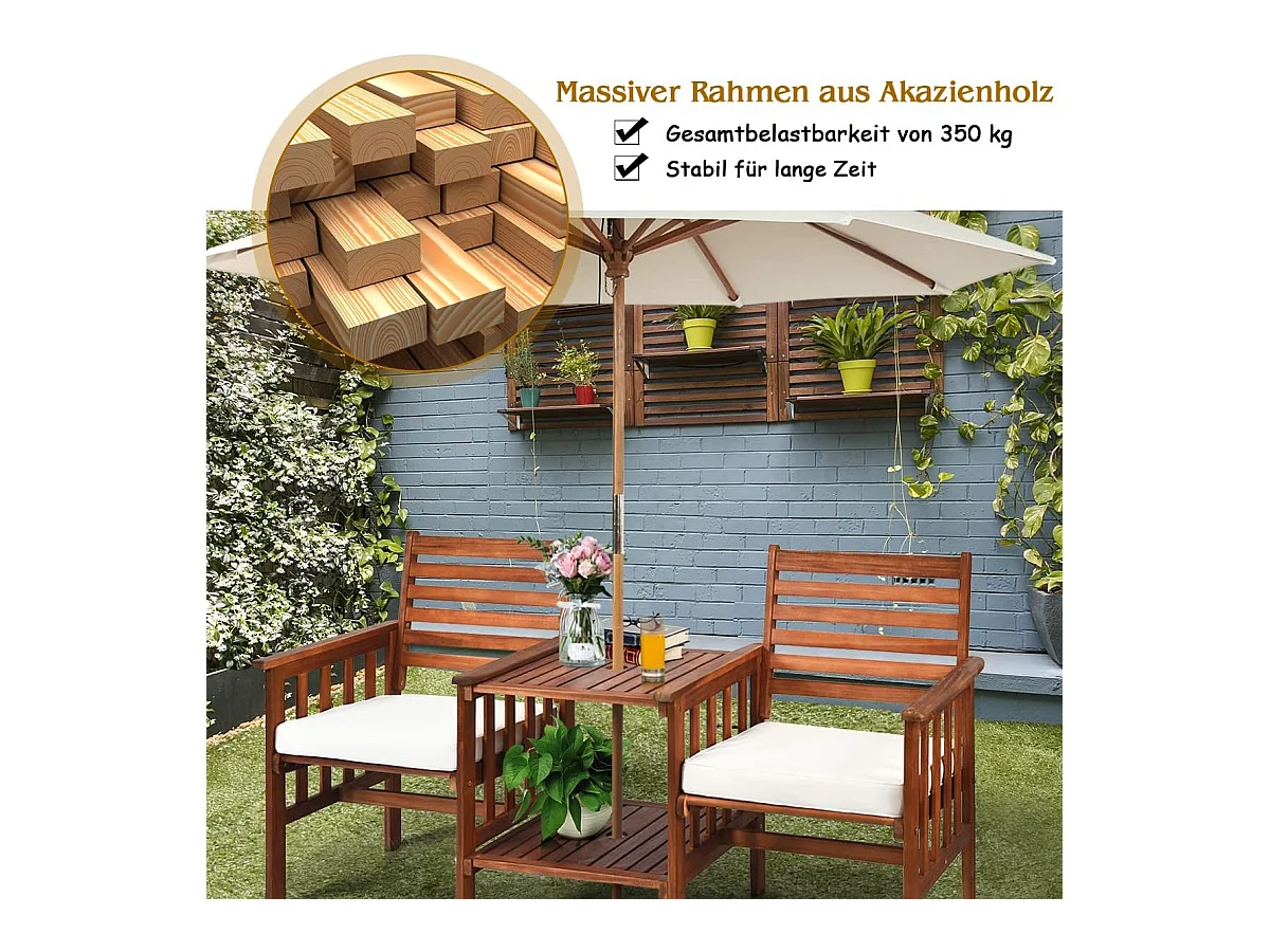 Tuinbank met tafel, 2-zits houten bank met zitkussen en parasolgat, zitbank van acaciahout, tot 350 kg belastbaar, terrasbank voor balkon AB92827