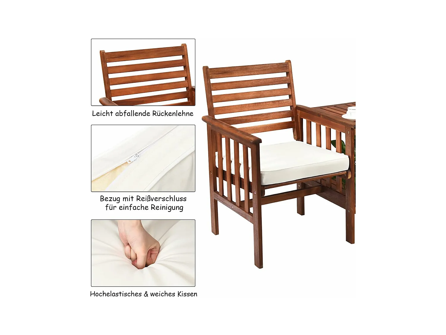 Tuinbank met tafel, 2-zits houten bank met zitkussen en parasolgat, zitbank van acaciahout, tot 350 kg belastbaar, terrasbank voor balkon AB92827