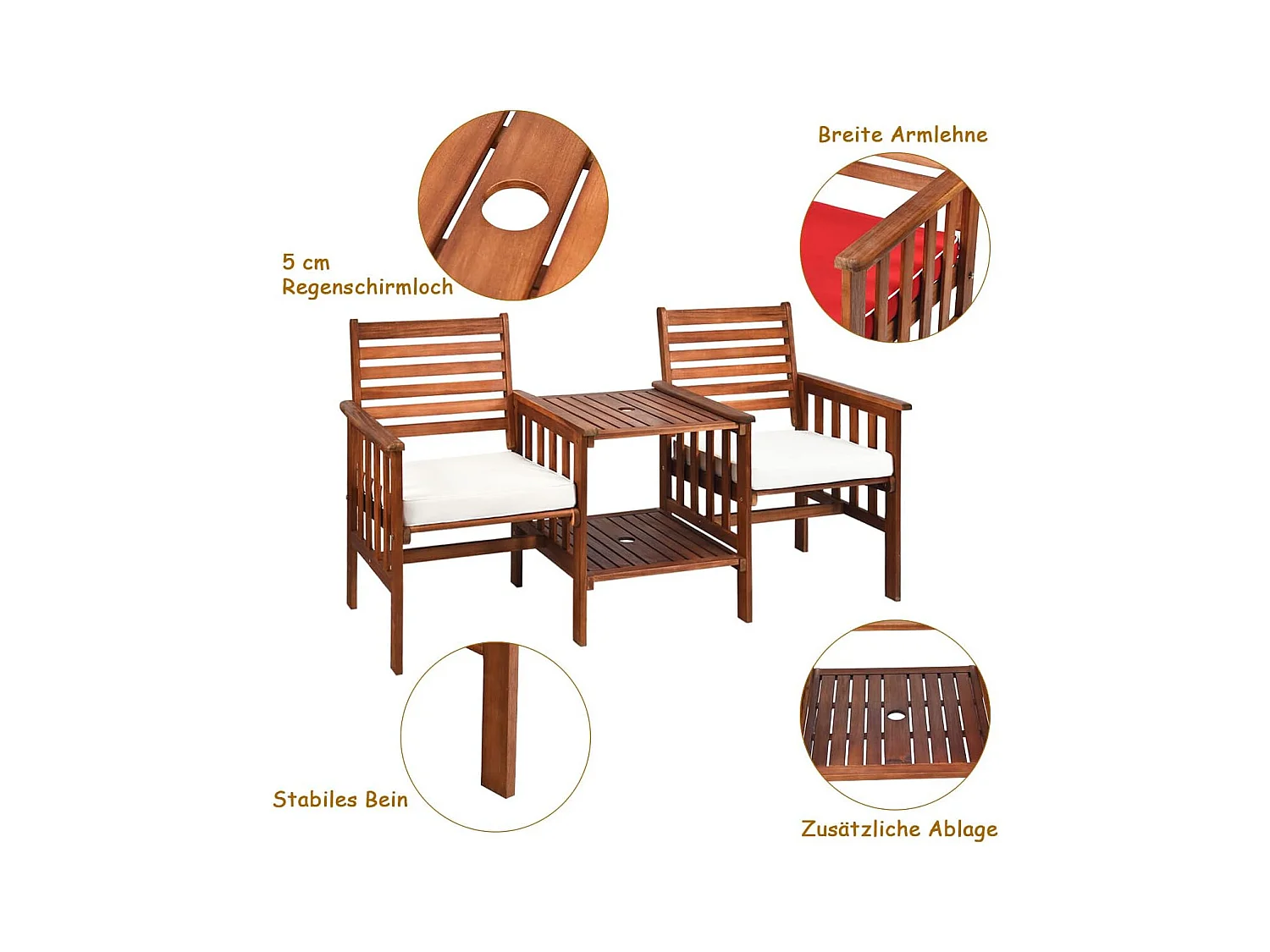Tuinbank met tafel, 2-zits houten bank met zitkussen en parasolgat, zitbank van acaciahout, tot 350 kg belastbaar, terrasbank voor balkon AB92827