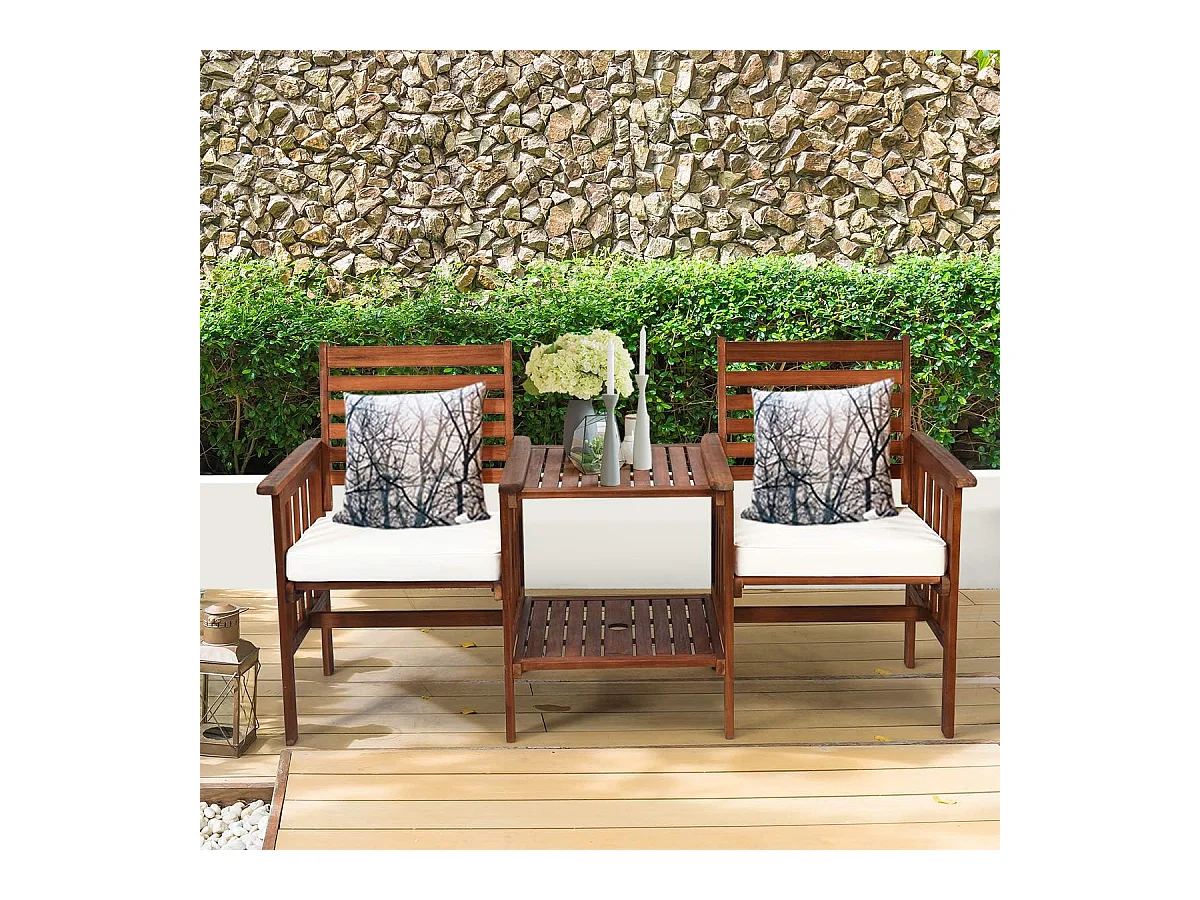 Tuinbank met tafel, 2-zits houten bank met zitkussen en parasolgat, zitbank van acaciahout, tot 350 kg belastbaar, terrasbank voor balkon AB92827