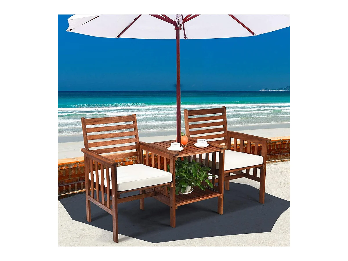 Tuinbank met tafel, 2-zits houten bank met zitkussen en parasolgat, zitbank van acaciahout, tot 350 kg belastbaar, terrasbank voor balkon AB92827