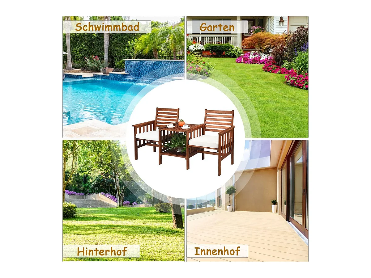 Tuinbank met tafel, 2-zits houten bank met zitkussen en parasolgat, zitbank van acaciahout, tot 350 kg belastbaar, terrasbank voor balkon AB92827