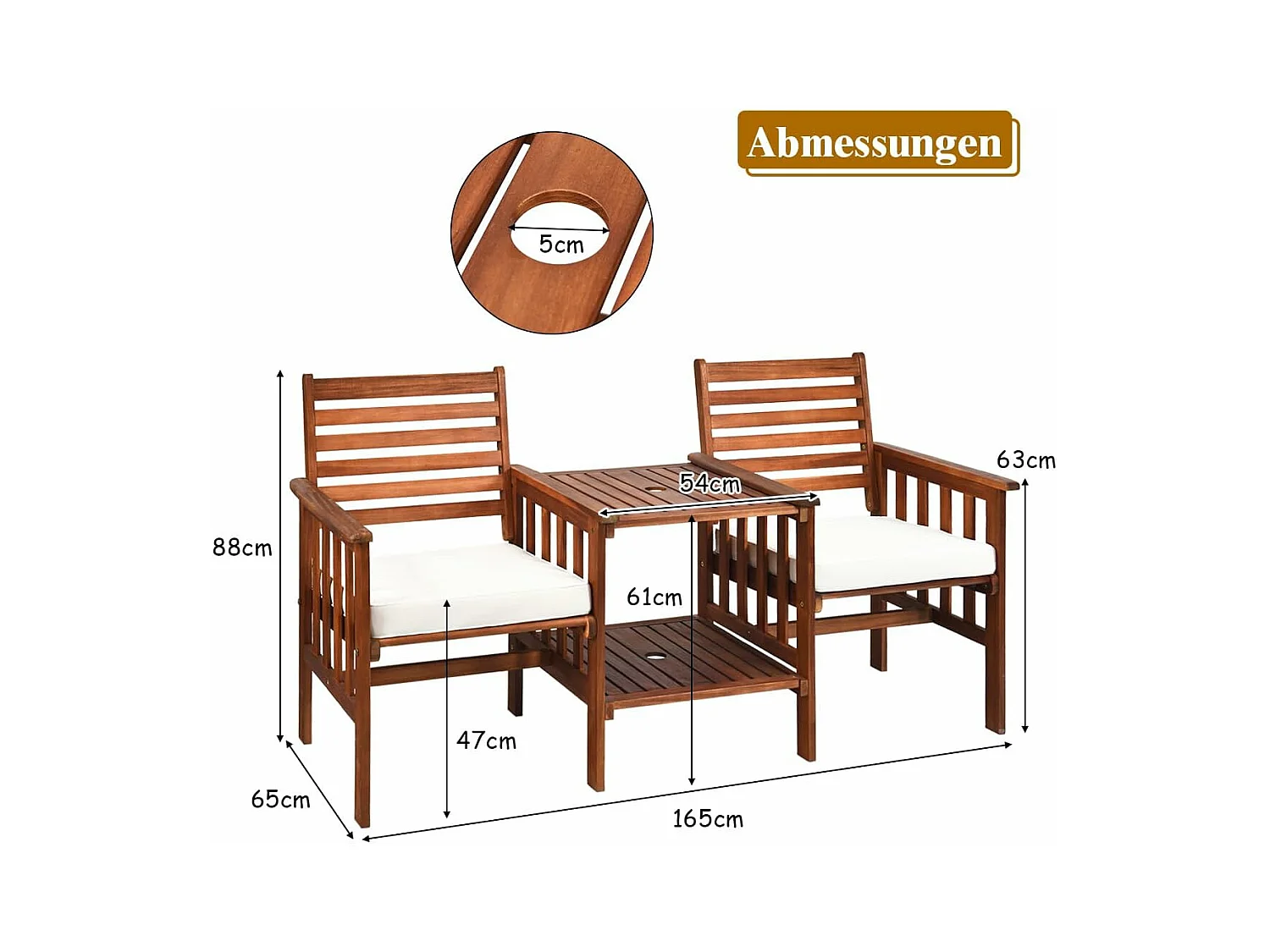 Tuinbank met tafel, 2-zits houten bank met zitkussen en parasolgat, zitbank van acaciahout, tot 350 kg belastbaar, terrasbank voor balkon AB92827