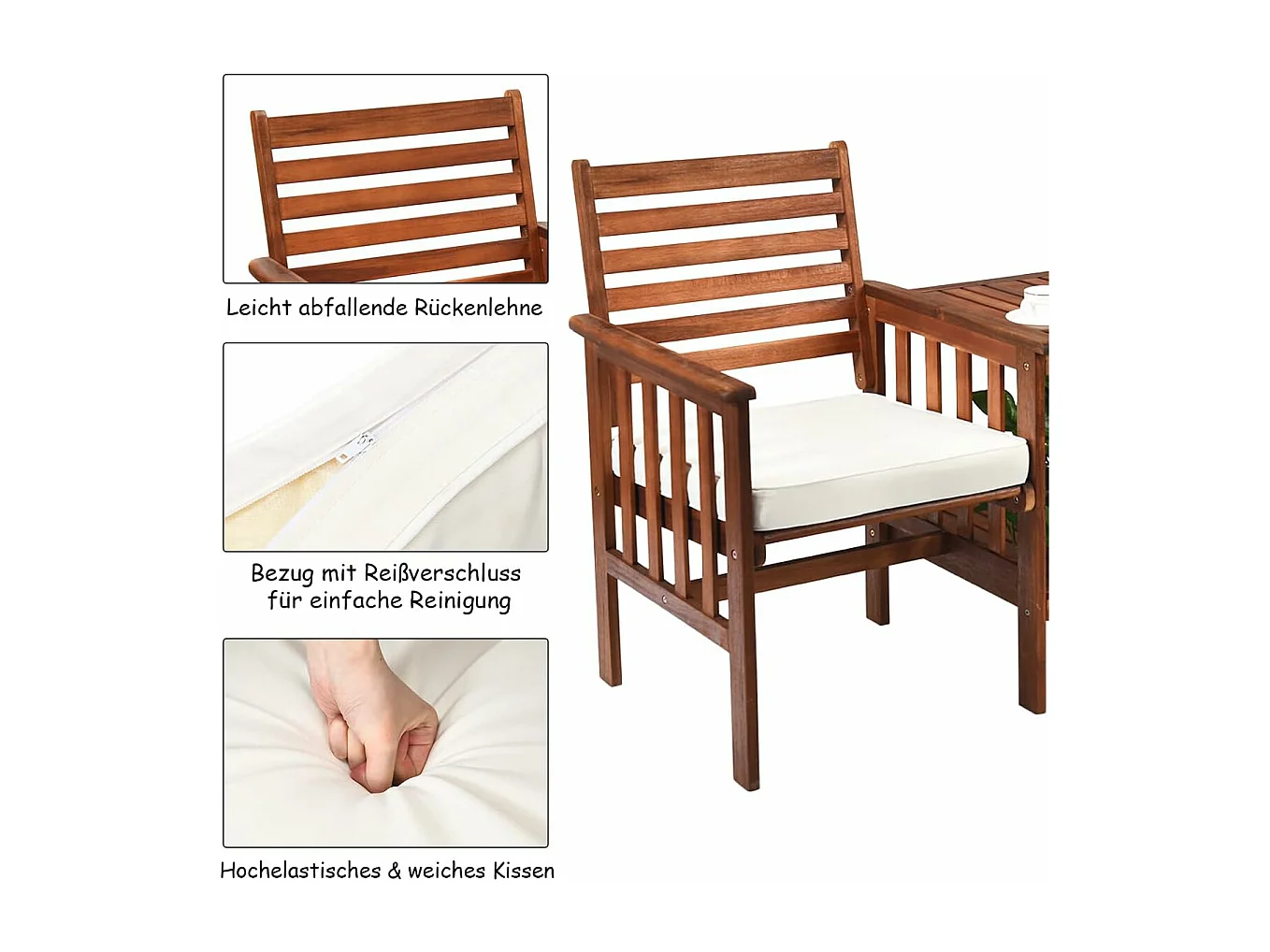 Tuinbank met tafel, 2-zits houten bank met zitkussen en parasolgat, zitbank van acaciahout, tot 350 kg belastbaar, terrasbank voor balkon AB92827