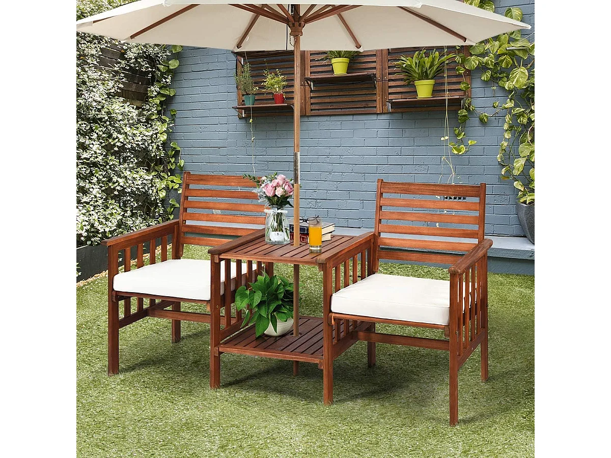 Tuinbank met tafel, 2-zits houten bank met zitkussen en parasolgat, zitbank van acaciahout, tot 350 kg belastbaar, terrasbank voor balkon AB92827