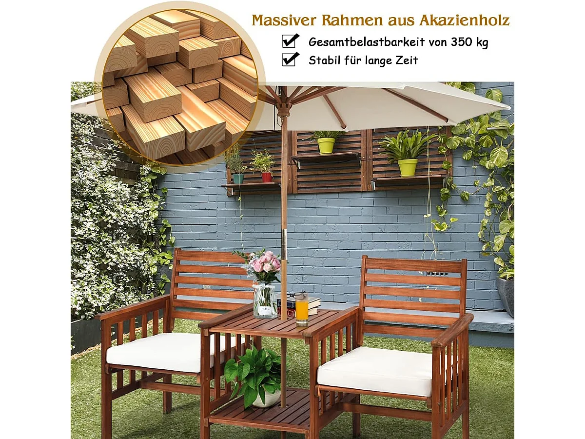 Tuinbank met tafel, 2-zits houten bank met zitkussen en parasolgat, zitbank van acaciahout, tot 350 kg belastbaar, terrasbank voor balkon AB92827