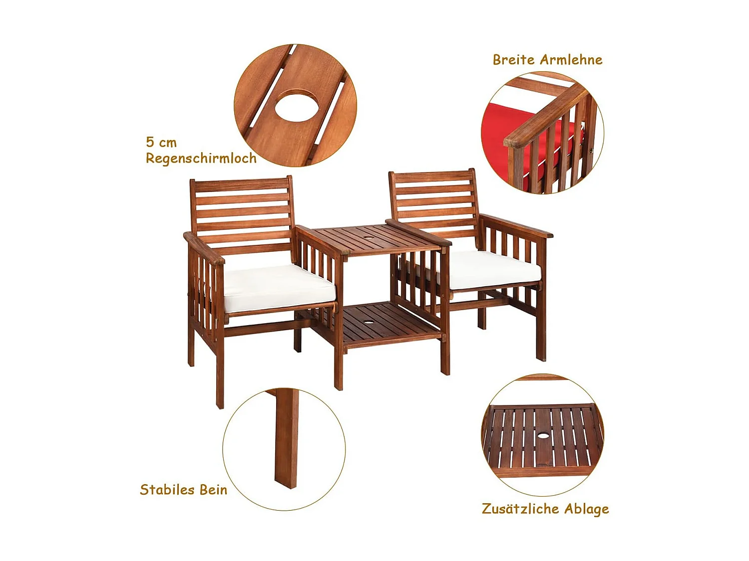 Tuinbank met tafel, 2-zits houten bank met zitkussen en parasolgat, zitbank van acaciahout, tot 350 kg belastbaar, terrasbank voor balkon AB92827