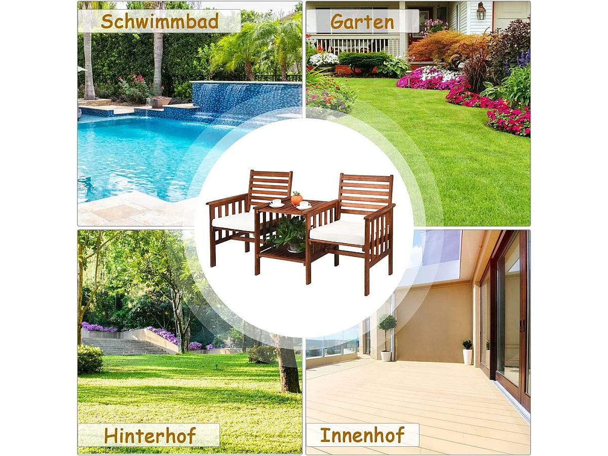 Tuinbank met tafel, 2-zits houten bank met zitkussen en parasolgat, zitbank van acaciahout, tot 350 kg belastbaar, terrasbank voor balkon AB92827