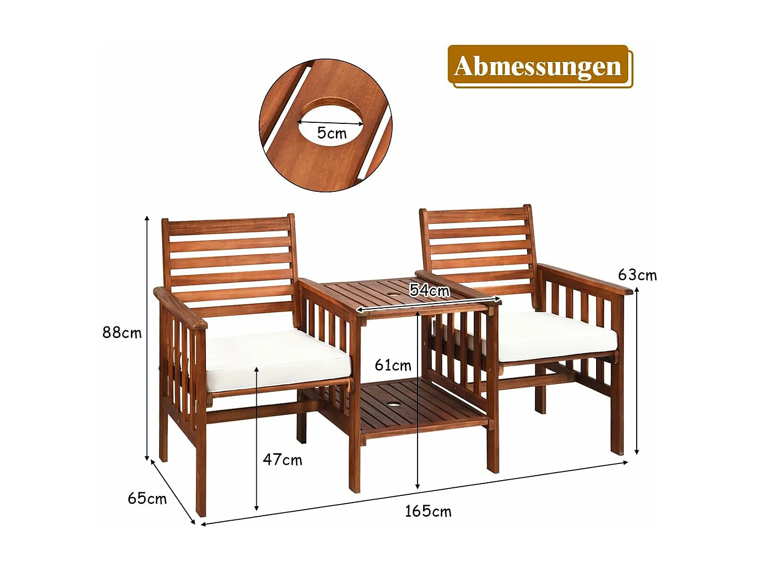 Tuinbank met tafel, 2-zits houten bank met zitkussen en parasolgat, zitbank van acaciahout, tot 350 kg belastbaar, terrasbank voor balkon AB92827