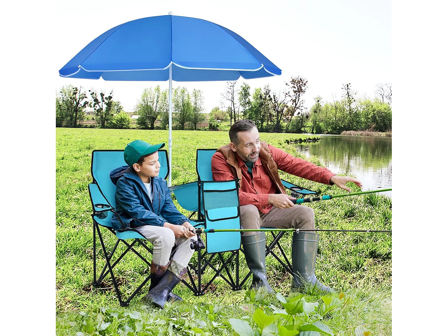 Campingstoel met parasol klapstoel voor koppels dubbele visstoel opvouwbaar met bekerhouder koeltas (Turkoois groen) 55 x 85 x 161 cm