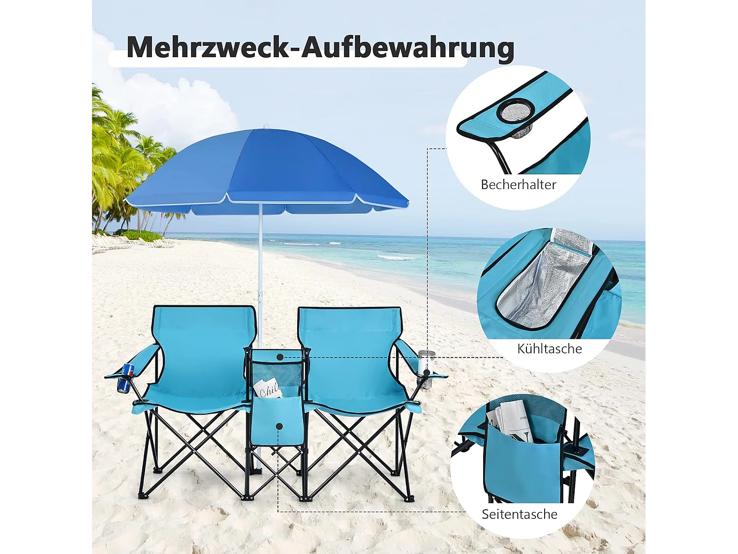 Campingstoel met parasol klapstoel voor koppels dubbele visstoel opvouwbaar met bekerhouder koeltas (Turkoois groen) 55 x 85 x 161 cm