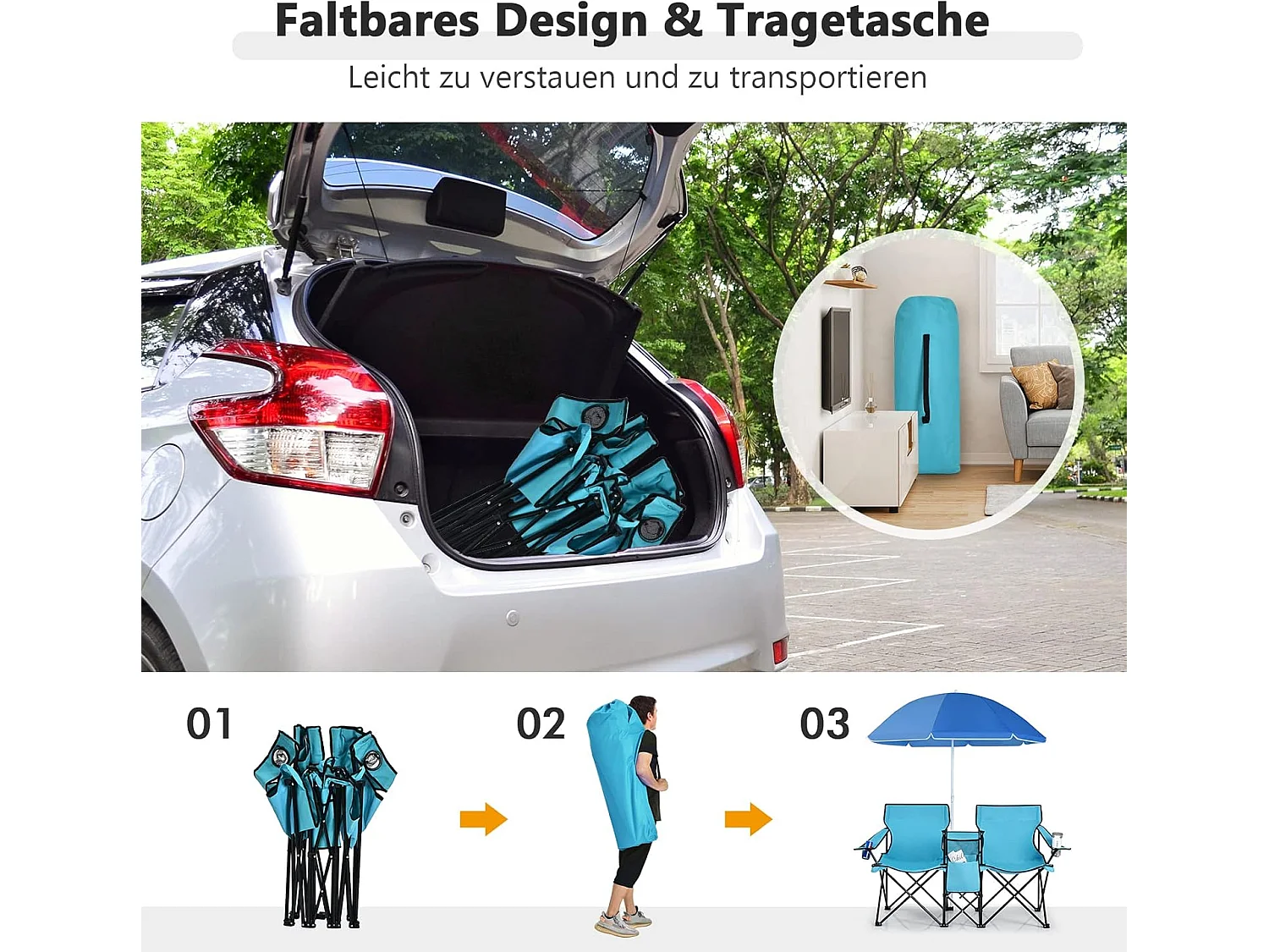 Campingstoel met parasol klapstoel voor koppels dubbele visstoel opvouwbaar met bekerhouder koeltas (Turkoois groen) 55 x 85 x 161 cm