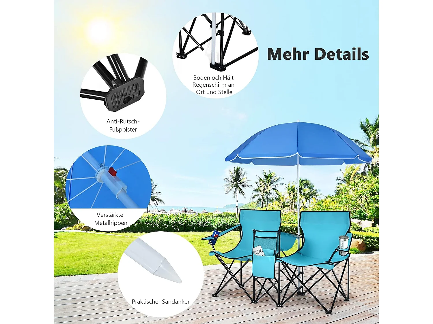 Campingstoel met parasol klapstoel voor koppels dubbele visstoel opvouwbaar met bekerhouder koeltas (Turkoois groen) 55 x 85 x 161 cm