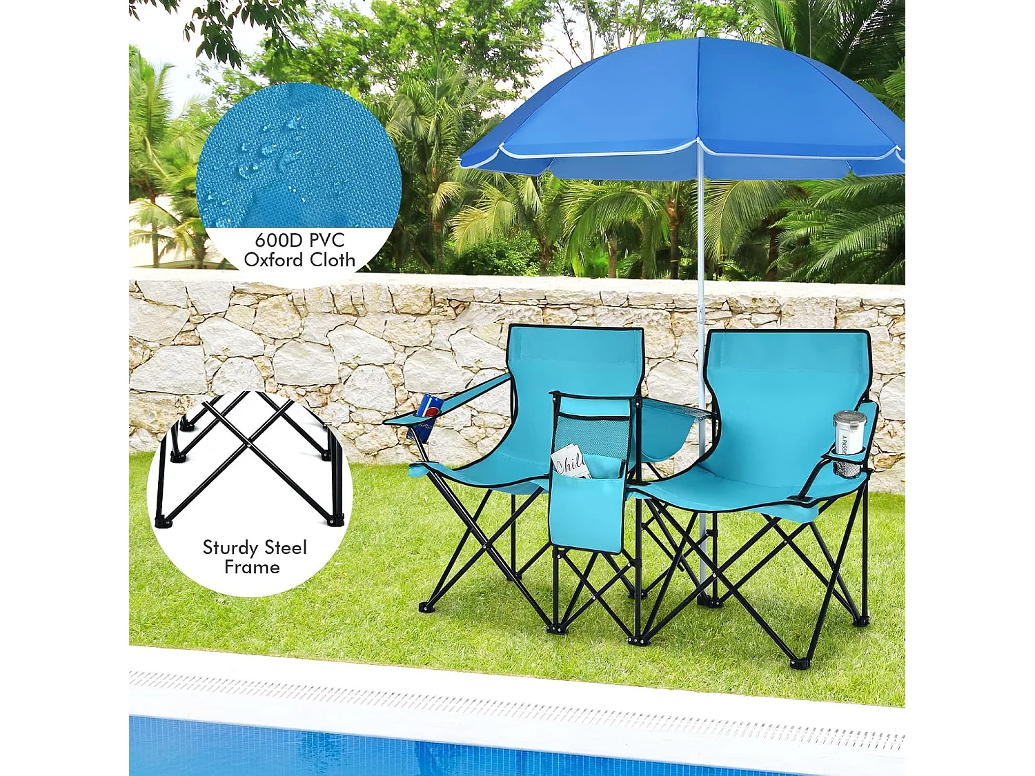 Campingstoel met parasol klapstoel voor koppels dubbele visstoel opvouwbaar met bekerhouder koeltas (Turkoois groen) 55 x 85 x 161 cm