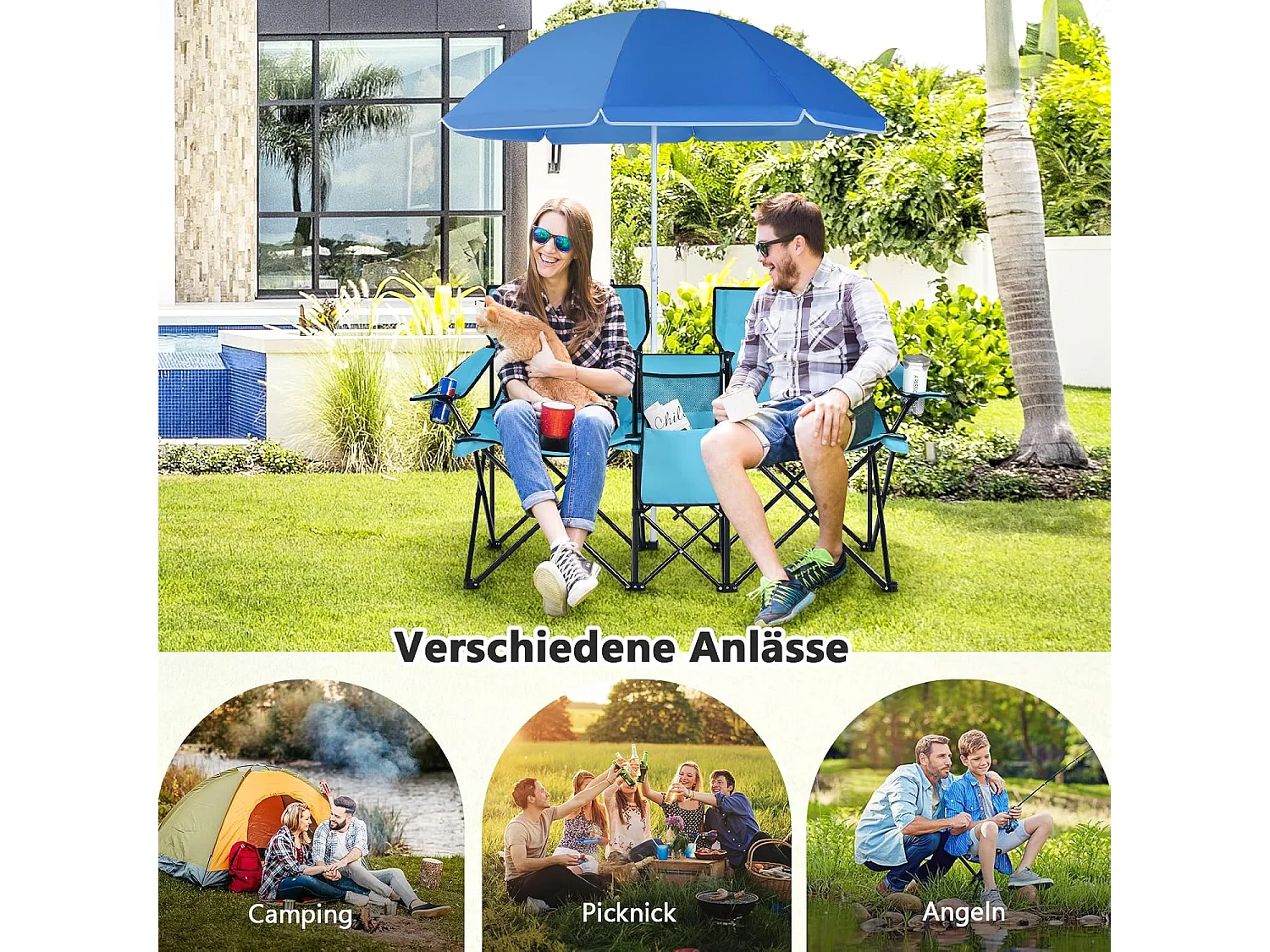 Campingstoel met parasol klapstoel voor koppels dubbele visstoel opvouwbaar met bekerhouder koeltas (Turkoois groen) 55 x 85 x 161 cm
