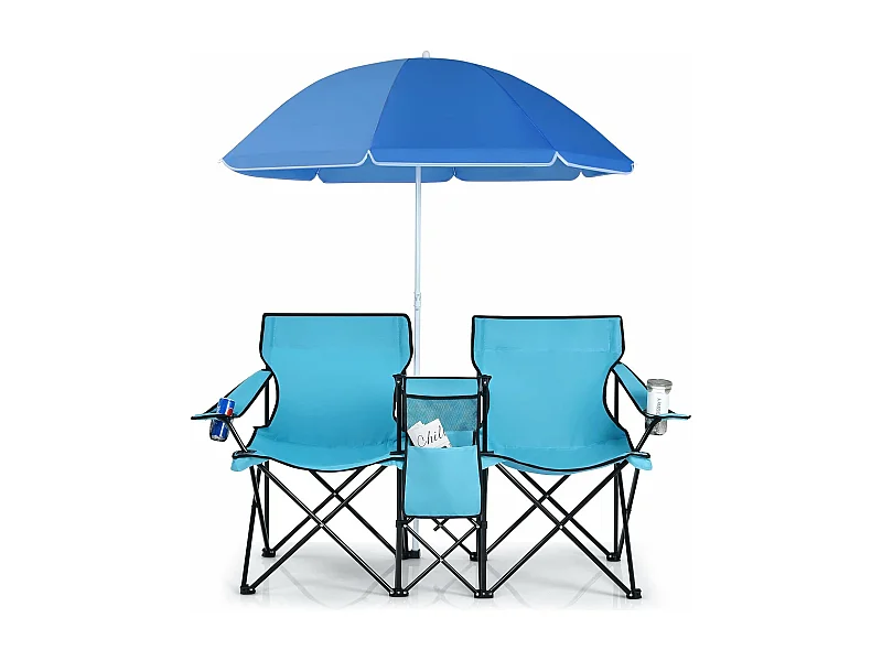 Campingstoel met parasol klapstoel voor koppels dubbele visstoel opvouwbaar met bekerhouder koeltas (Turkoois groen) 55 x 85 x 161 cm