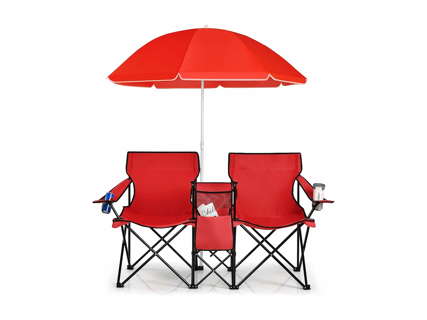 2-zits campingstoel met parasol,koeltas,bekerhouder en zijzak,inklapbare visstoel,vouwstoel,klapstoel voor kamperen,vissen,picknick (rood)AB92843