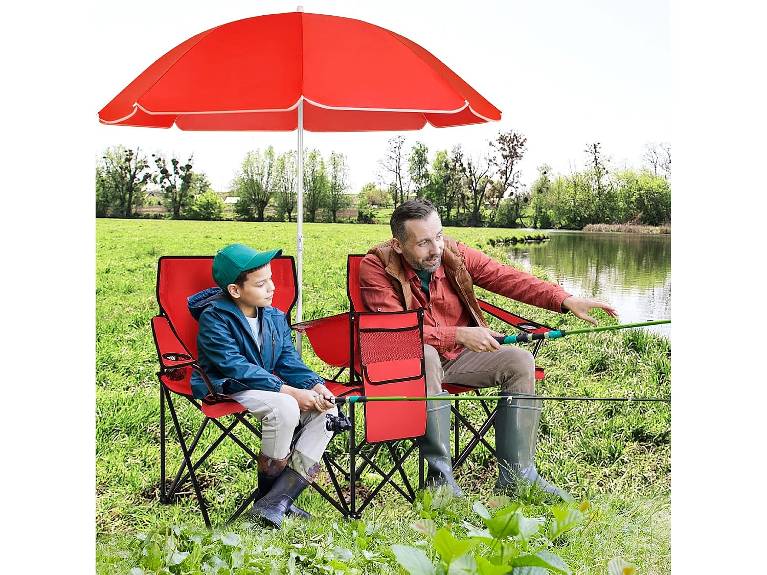 2-zits campingstoel met parasol,koeltas,bekerhouder en zijzak,inklapbare visstoel,vouwstoel,klapstoel voor kamperen,vissen,picknick (rood)AB92843
