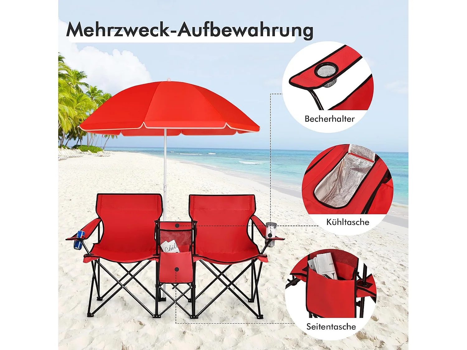 2-zits campingstoel met parasol,koeltas,bekerhouder en zijzak,inklapbare visstoel,vouwstoel,klapstoel voor kamperen,vissen,picknick (rood)AB92843
