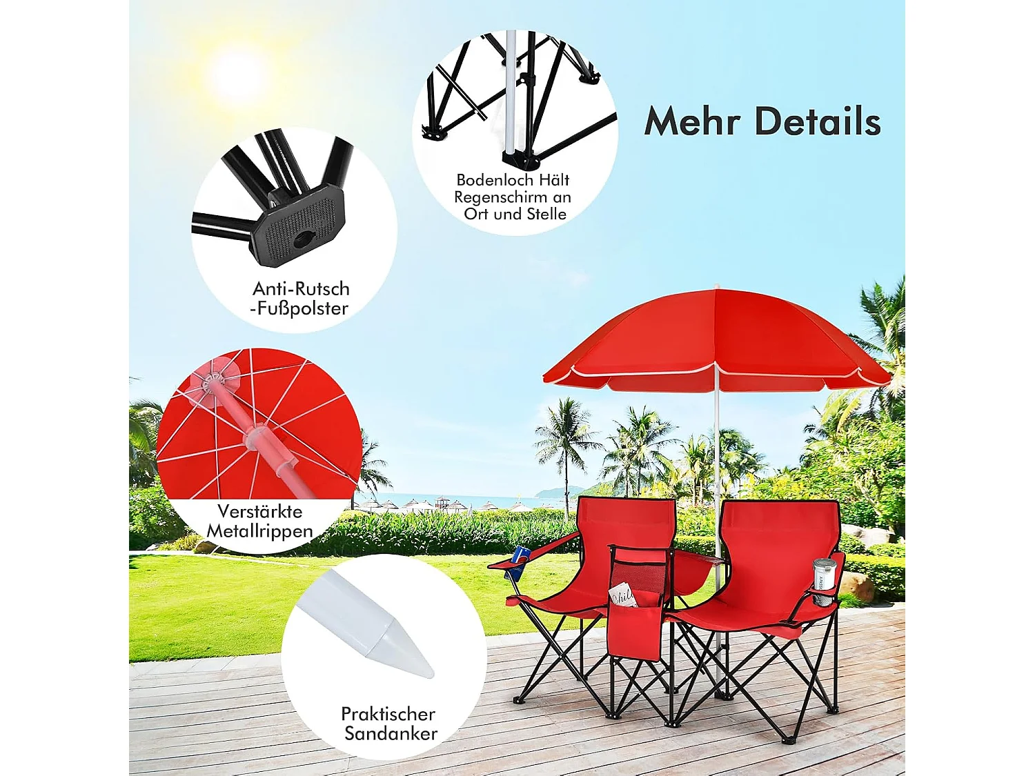 2-zits campingstoel met parasol,koeltas,bekerhouder en zijzak,inklapbare visstoel,vouwstoel,klapstoel voor kamperen,vissen,picknick (rood)AB92843