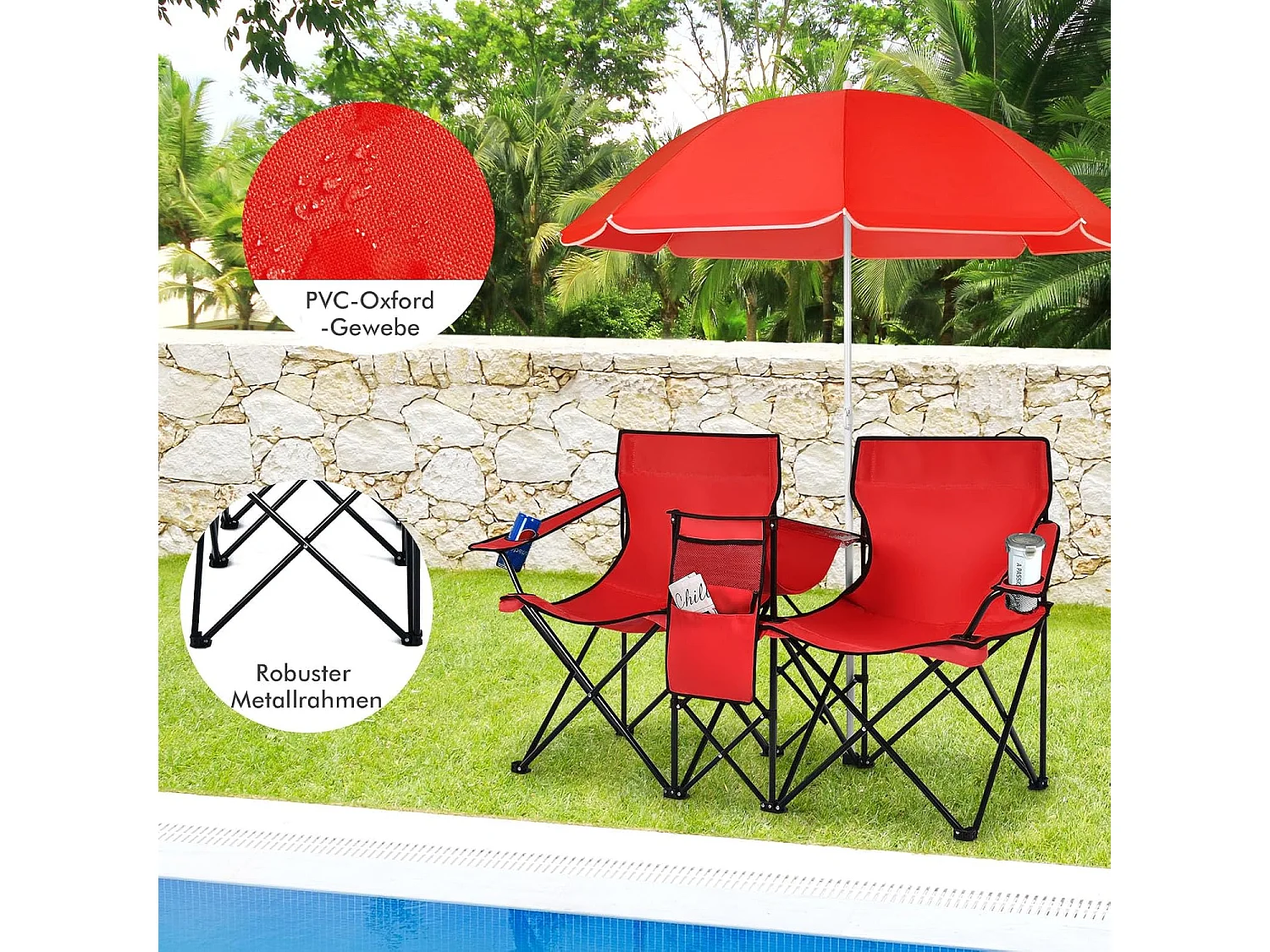 2-zits campingstoel met parasol,koeltas,bekerhouder en zijzak,inklapbare visstoel,vouwstoel,klapstoel voor kamperen,vissen,picknick (rood)AB92843