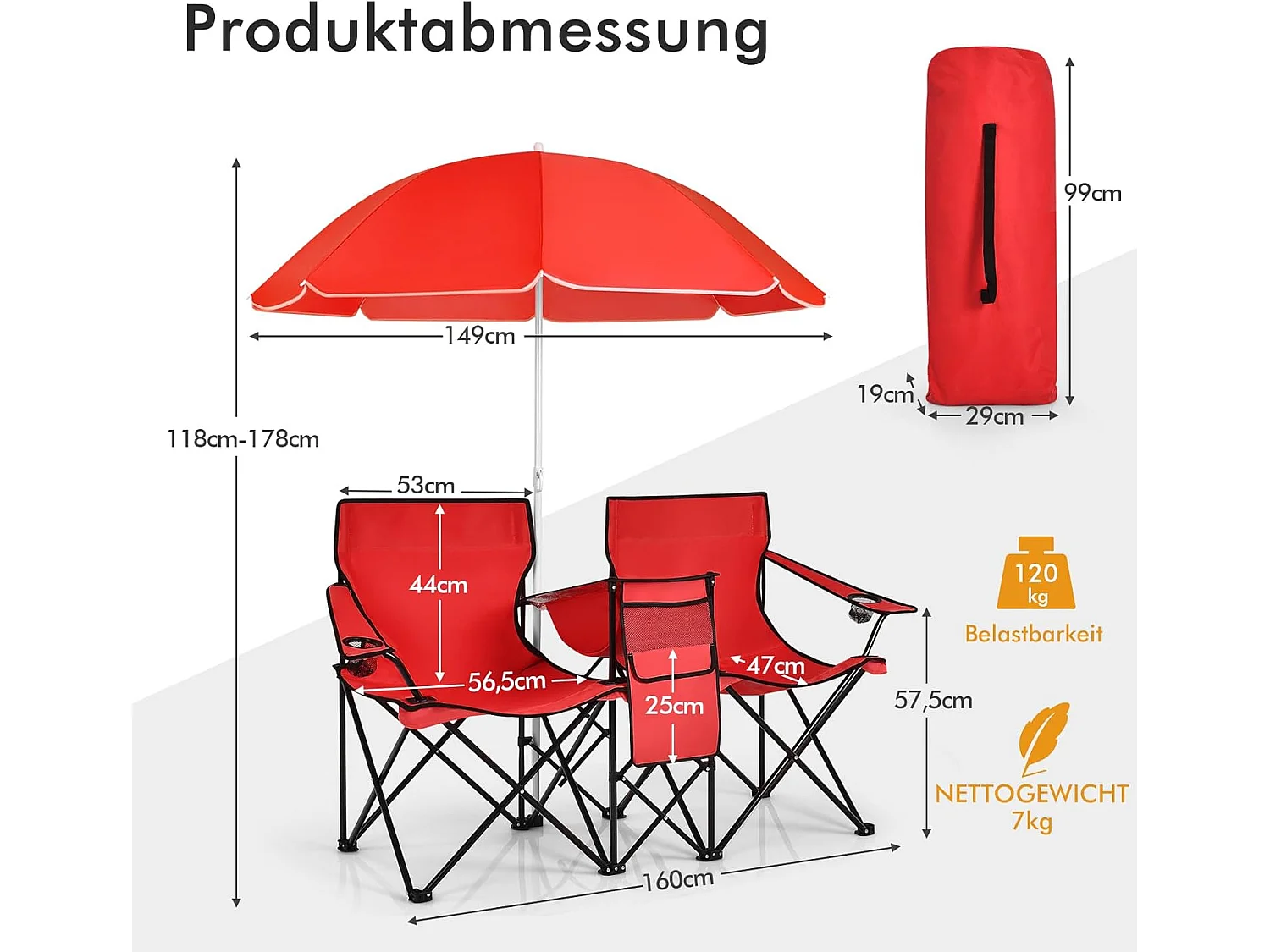 2-zits campingstoel met parasol,koeltas,bekerhouder en zijzak,inklapbare visstoel,vouwstoel,klapstoel voor kamperen,vissen,picknick (rood)AB92843
