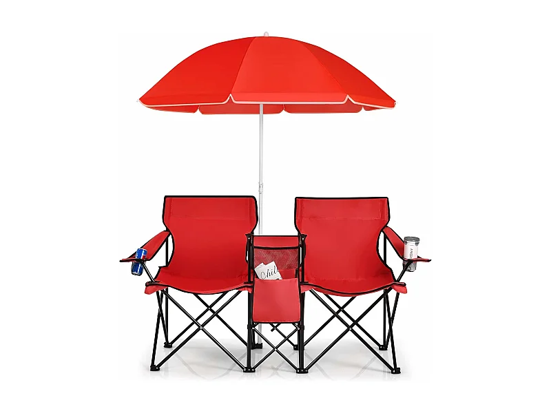 2-zits campingstoel met parasol,koeltas,bekerhouder en zijzak,inklapbare visstoel,vouwstoel,klapstoel voor kamperen,vissen,picknick (rood)AB92843