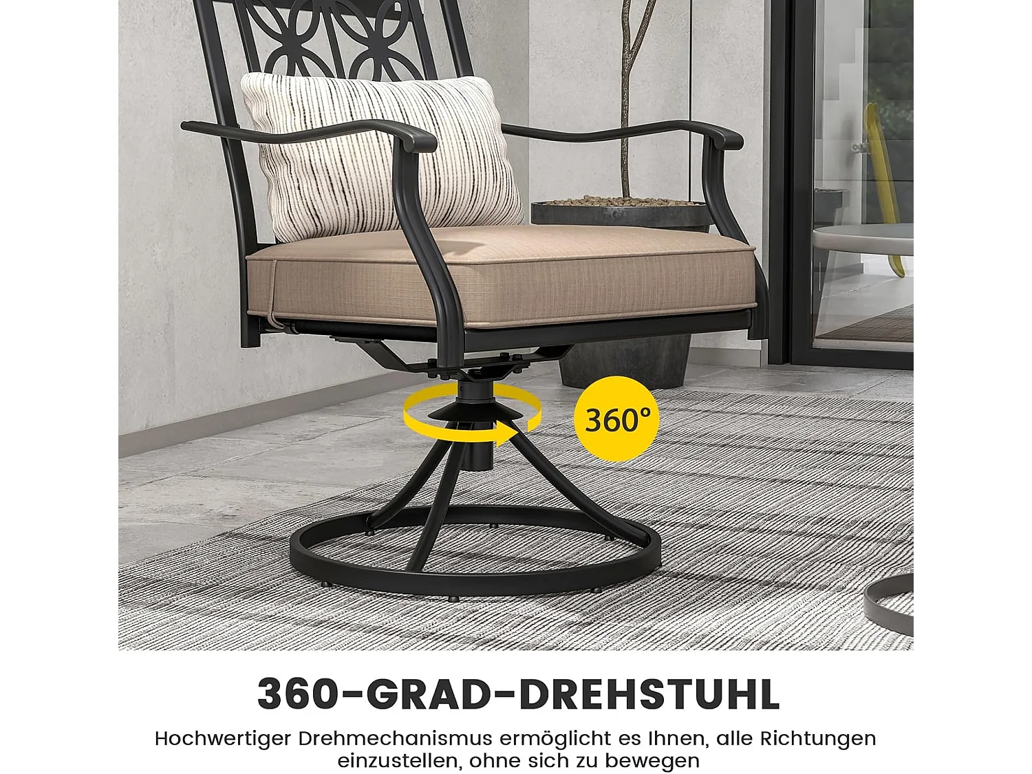 Tuinstoelen 360° draaibaar, set van 2 terrasstoelen met zachte kussens, grote balkonstoelen voor tuin, achtertuin, balkon ZB33557