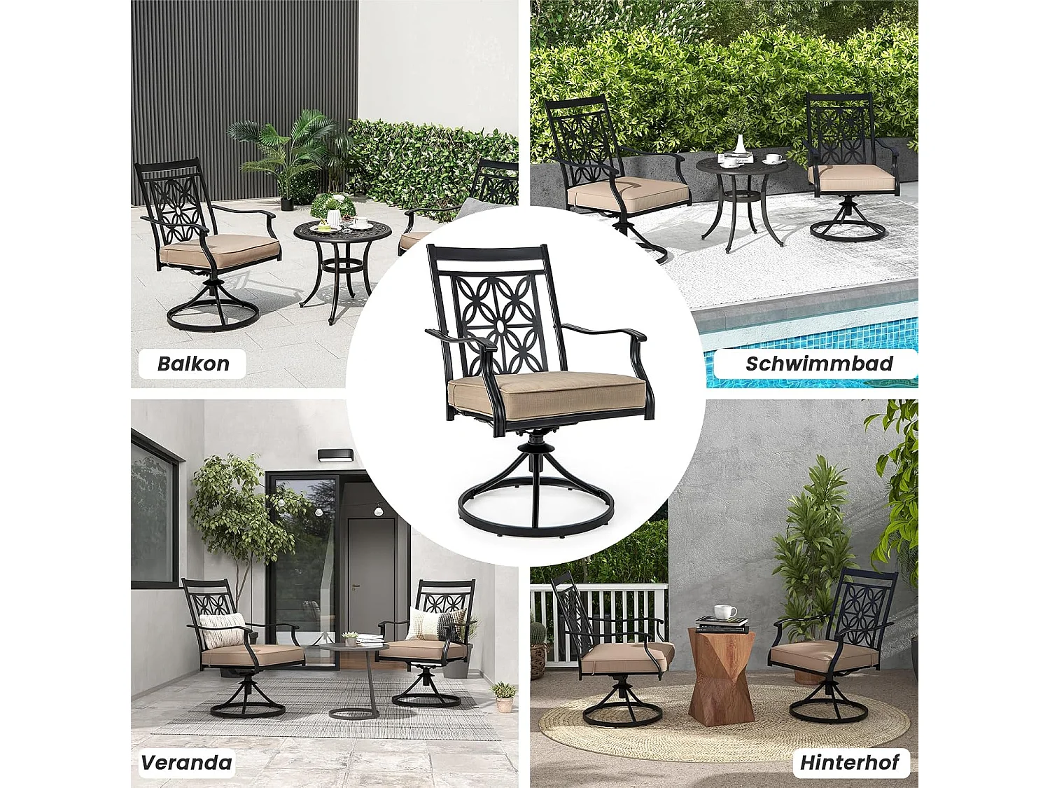 Tuinstoelen 360° draaibaar, set van 2 terrasstoelen met zachte kussens, grote balkonstoelen voor tuin, achtertuin, balkon ZB33557