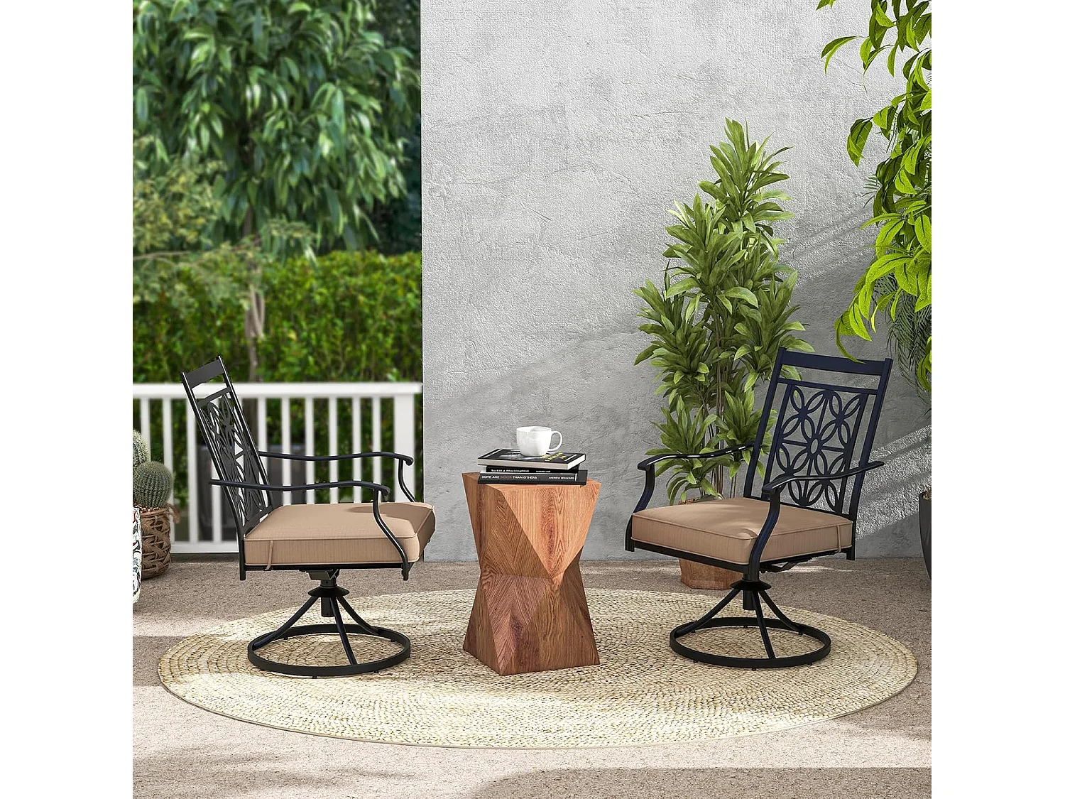 Tuinstoelen 360° draaibaar, set van 2 terrasstoelen met zachte kussens, grote balkonstoelen voor tuin, achtertuin, balkon ZB33557