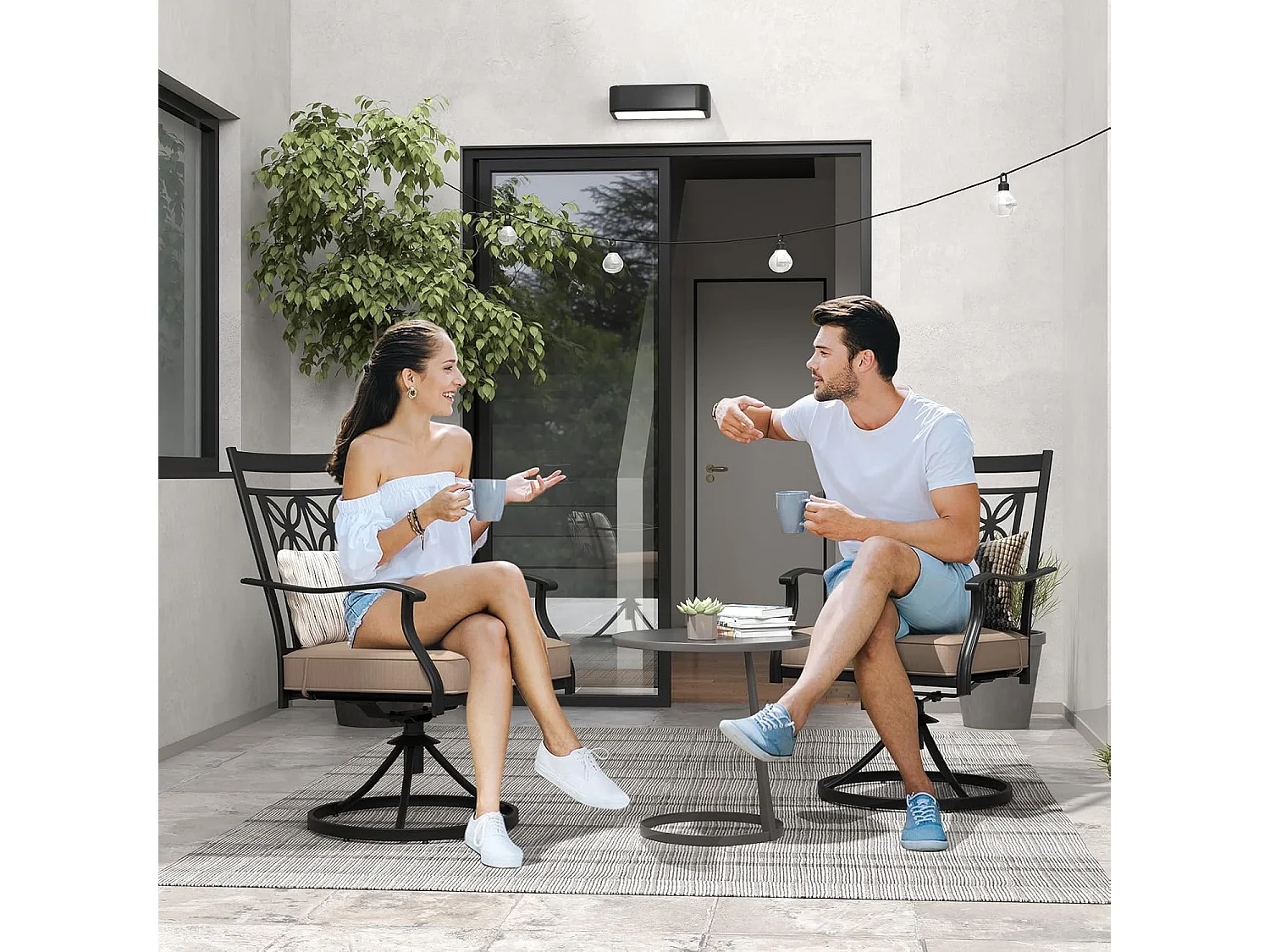 Tuinstoelen 360° draaibaar, set van 2 terrasstoelen met zachte kussens, grote balkonstoelen voor tuin, achtertuin, balkon ZB33557