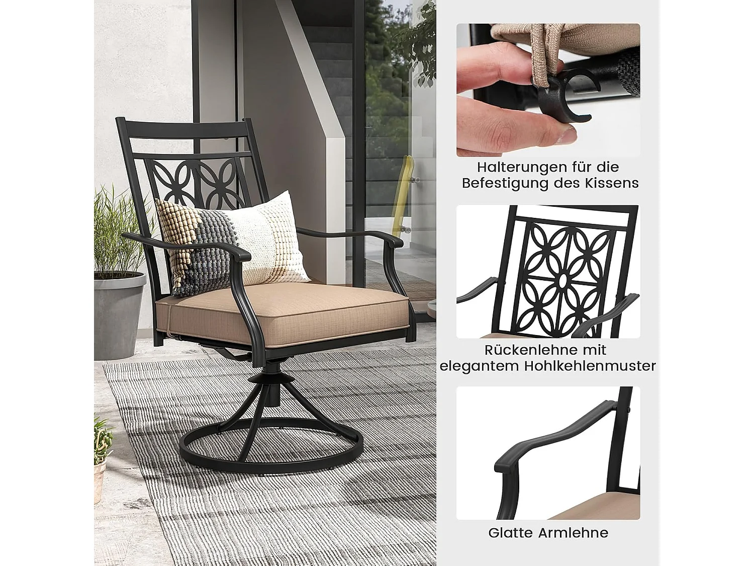 Tuinstoelen 360° draaibaar, set van 2 terrasstoelen met zachte kussens, grote balkonstoelen voor tuin, achtertuin, balkon ZB33557