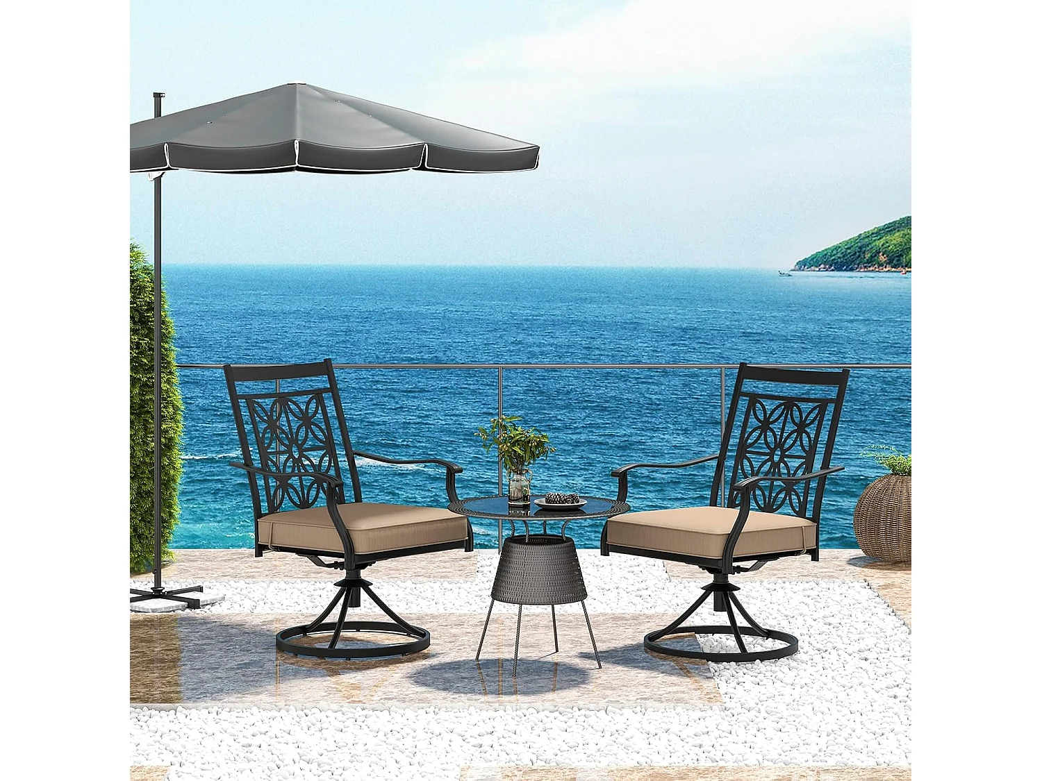 Tuinstoelen 360° draaibaar, set van 2 terrasstoelen met zachte kussens, grote balkonstoelen voor tuin, achtertuin, balkon ZB33557