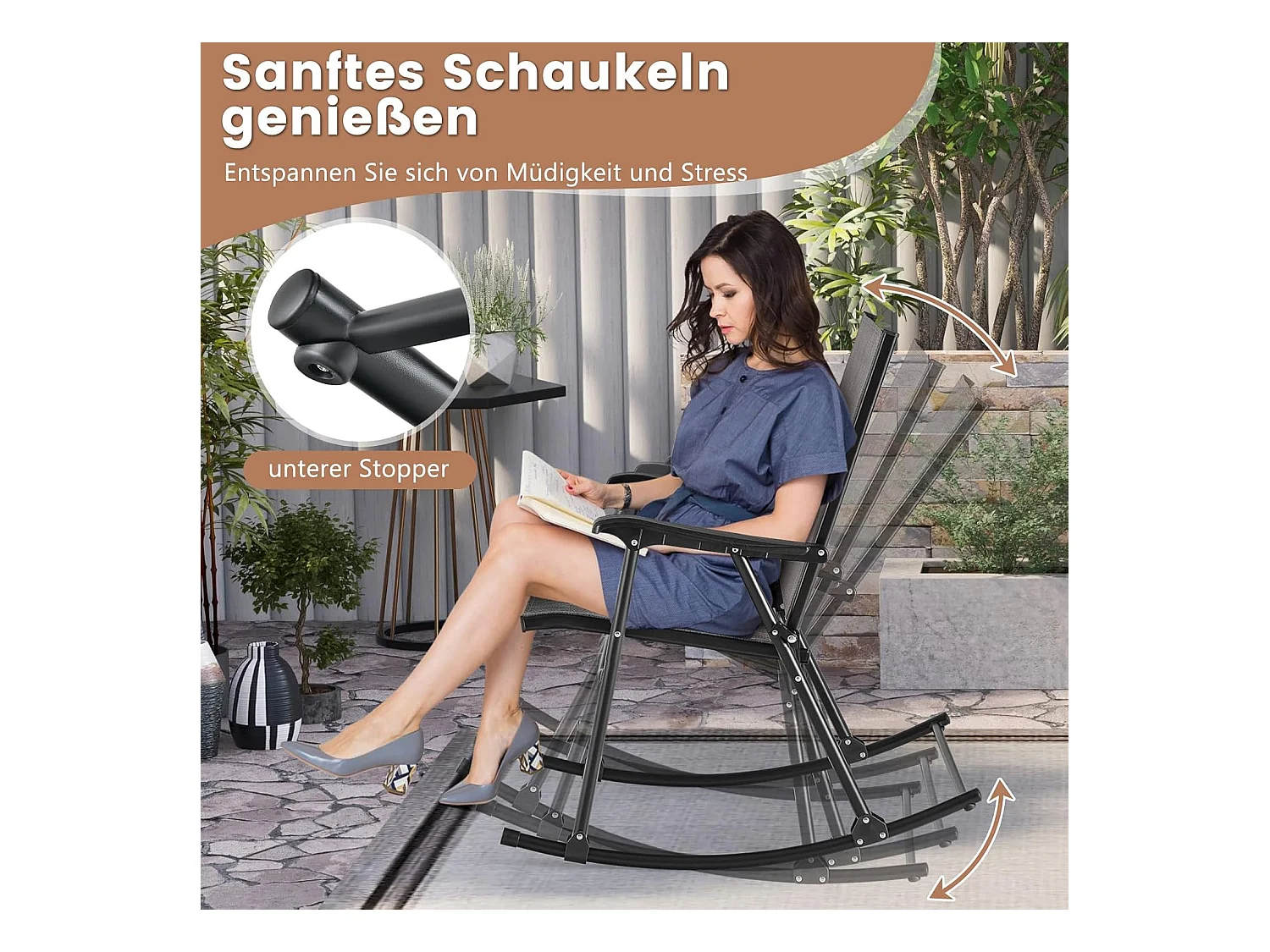 Inklapbare schommelstoelen, set van 2 tuinstoelen met ademende zitstof, schommelstoel voor achtertuin, terras, zwembad ZB33430