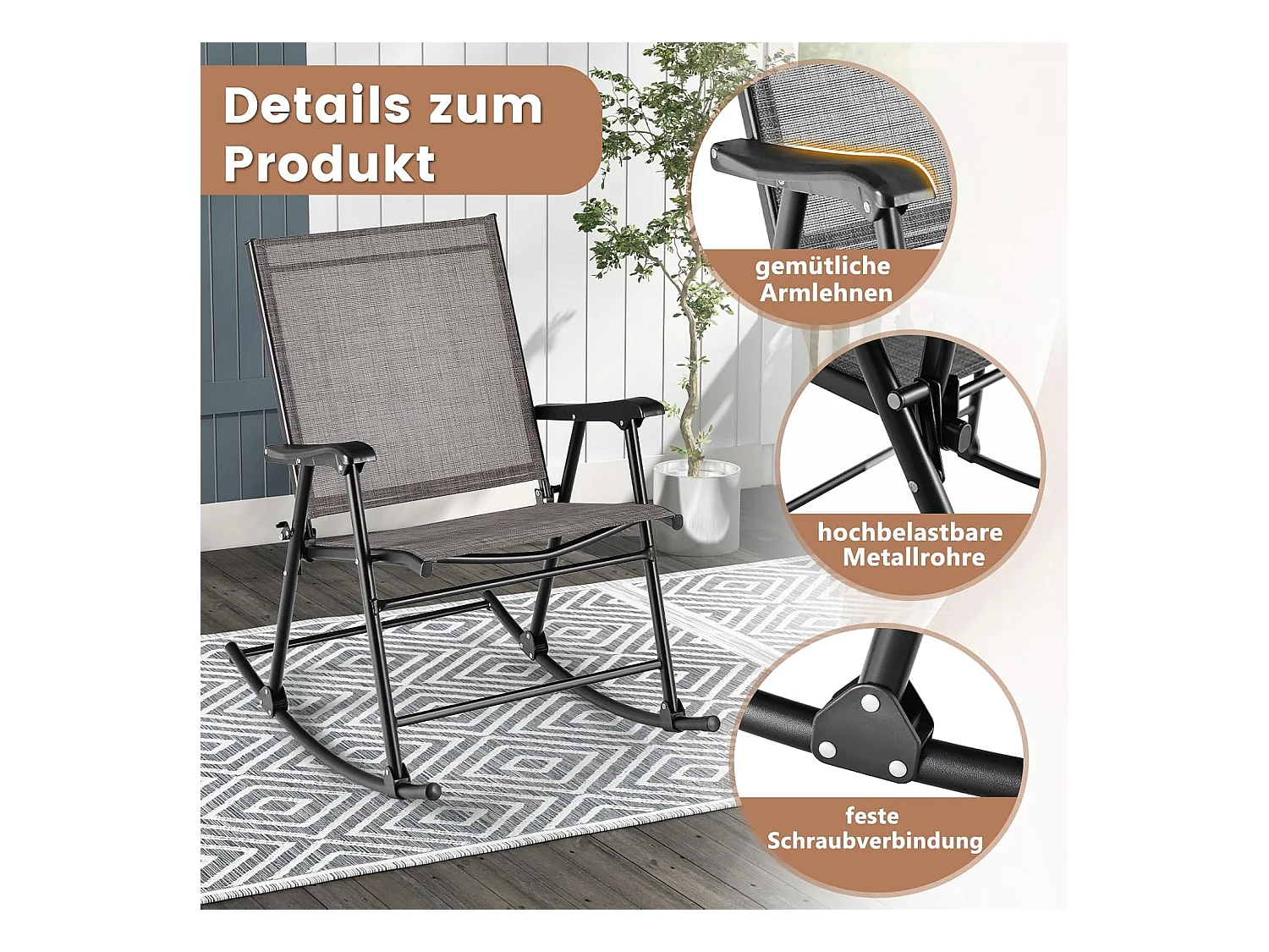 Inklapbare schommelstoelen, set van 2 tuinstoelen met ademende zitstof, schommelstoel voor achtertuin, terras, zwembad ZB33430