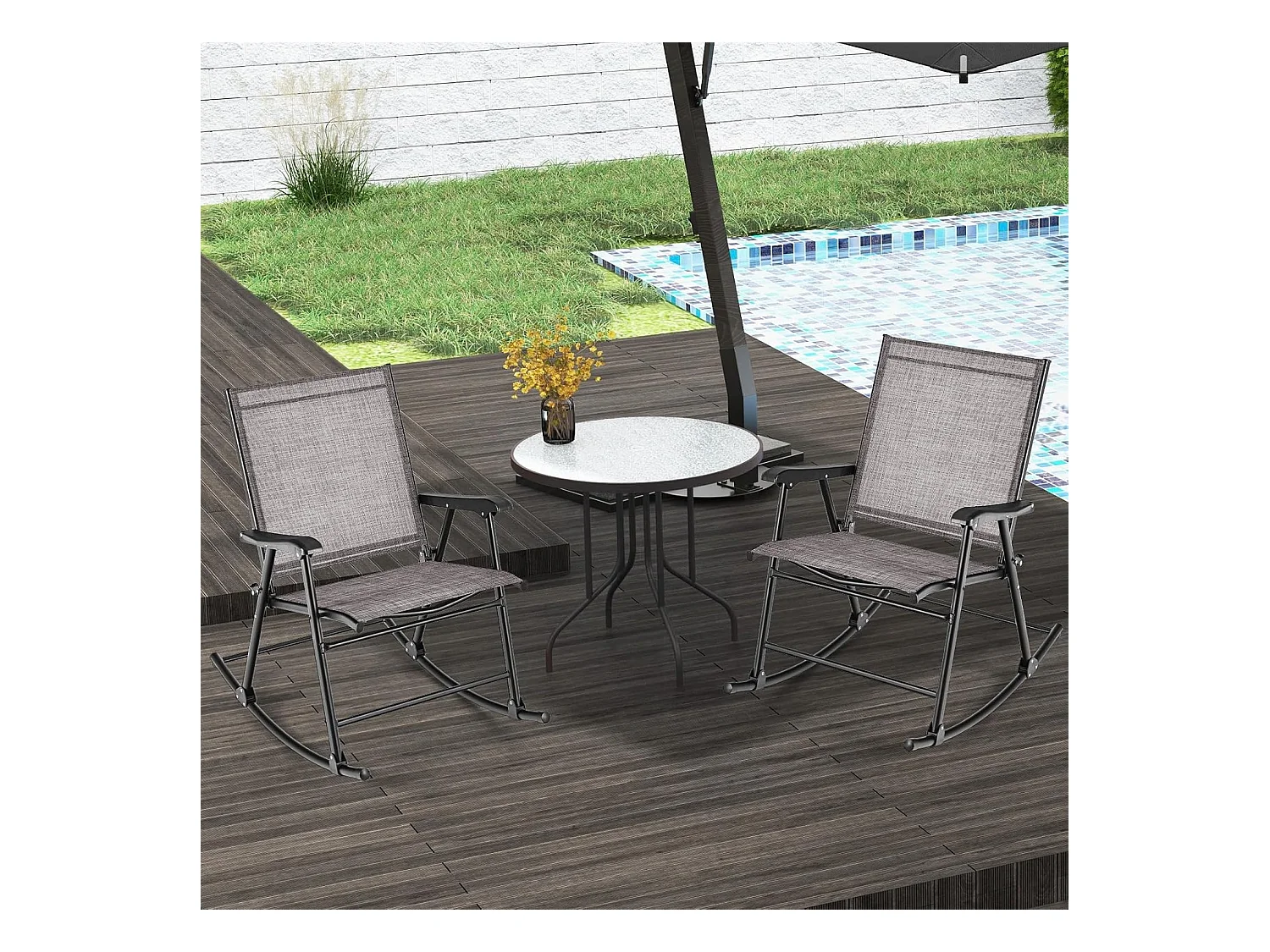 Inklapbare schommelstoelen, set van 2 tuinstoelen met ademende zitstof, schommelstoel voor achtertuin, terras, zwembad ZB33430