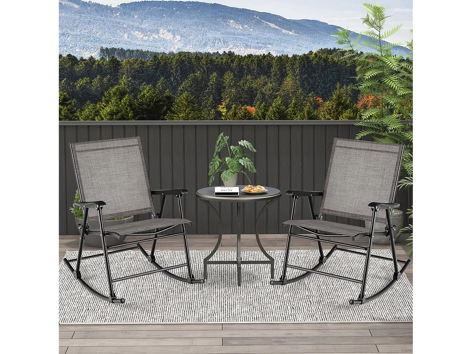 Inklapbare schommelstoelen, set van 2 tuinstoelen met ademende zitstof, schommelstoel voor achtertuin, terras, zwembad ZB33430