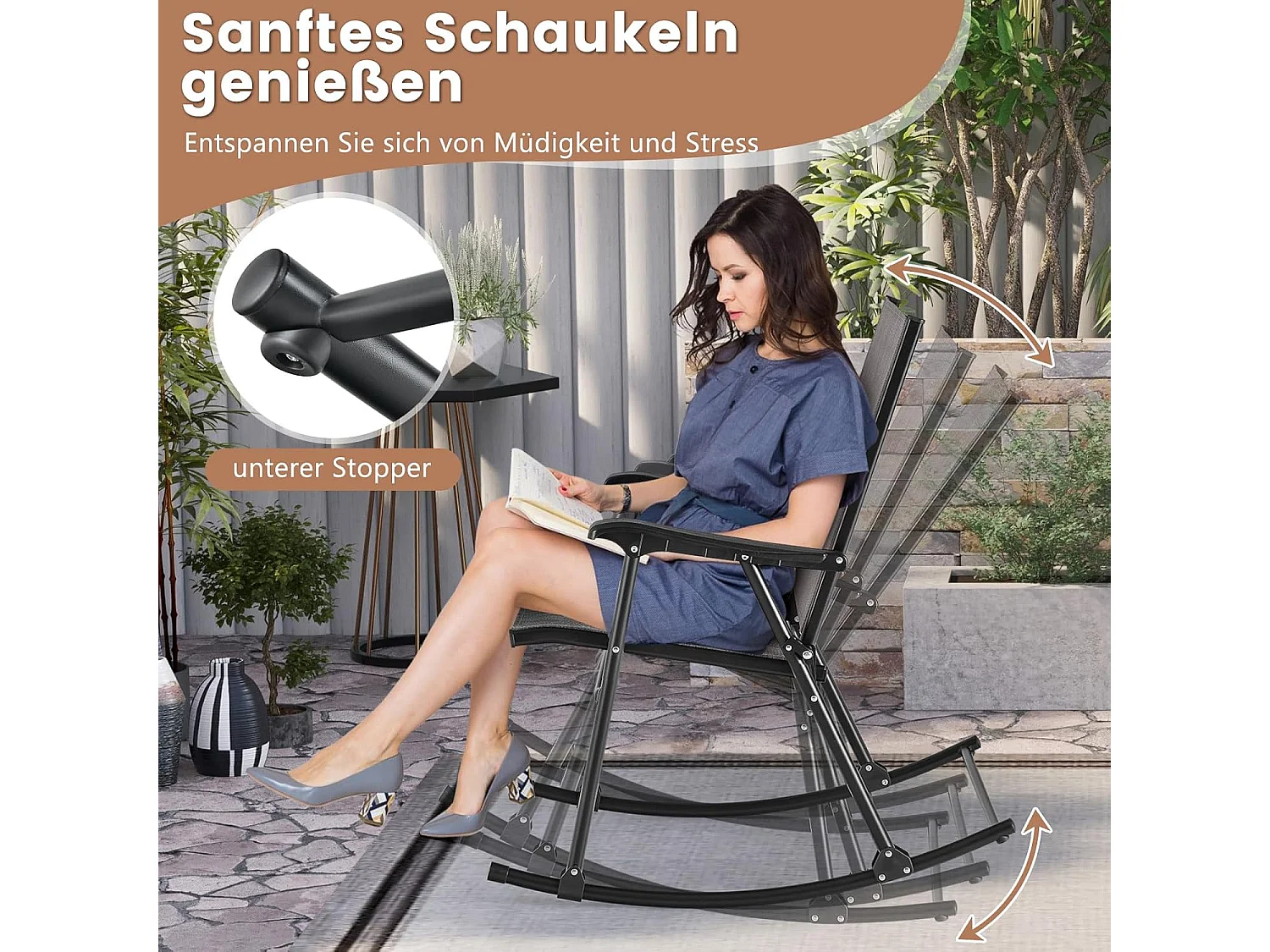 Inklapbare schommelstoelen, set van 2 tuinstoelen met ademende zitstof, schommelstoel voor achtertuin, terras, zwembad ZB33430